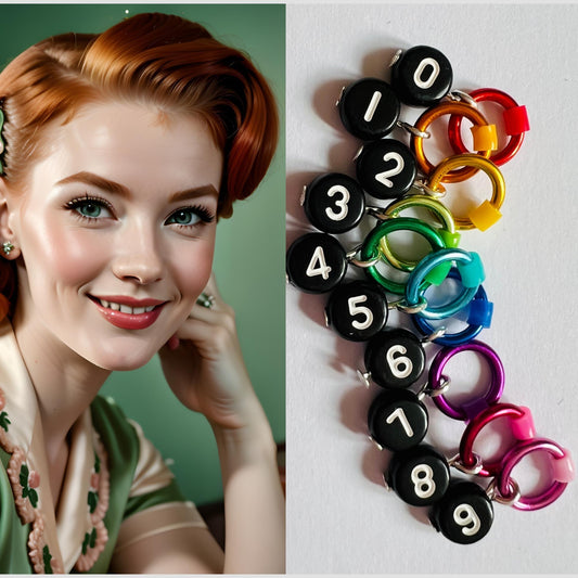 rainbow knitting number markers with snag free rings and black and white numbers.Pin up girl, redhead smiling 