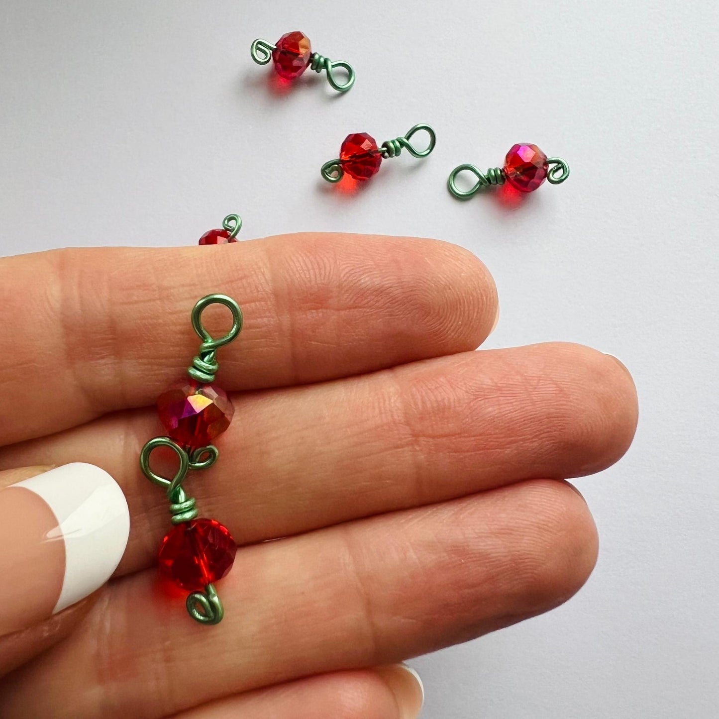 Red Crystal Wire Wrapped Stitch Markers -Cherry Lime