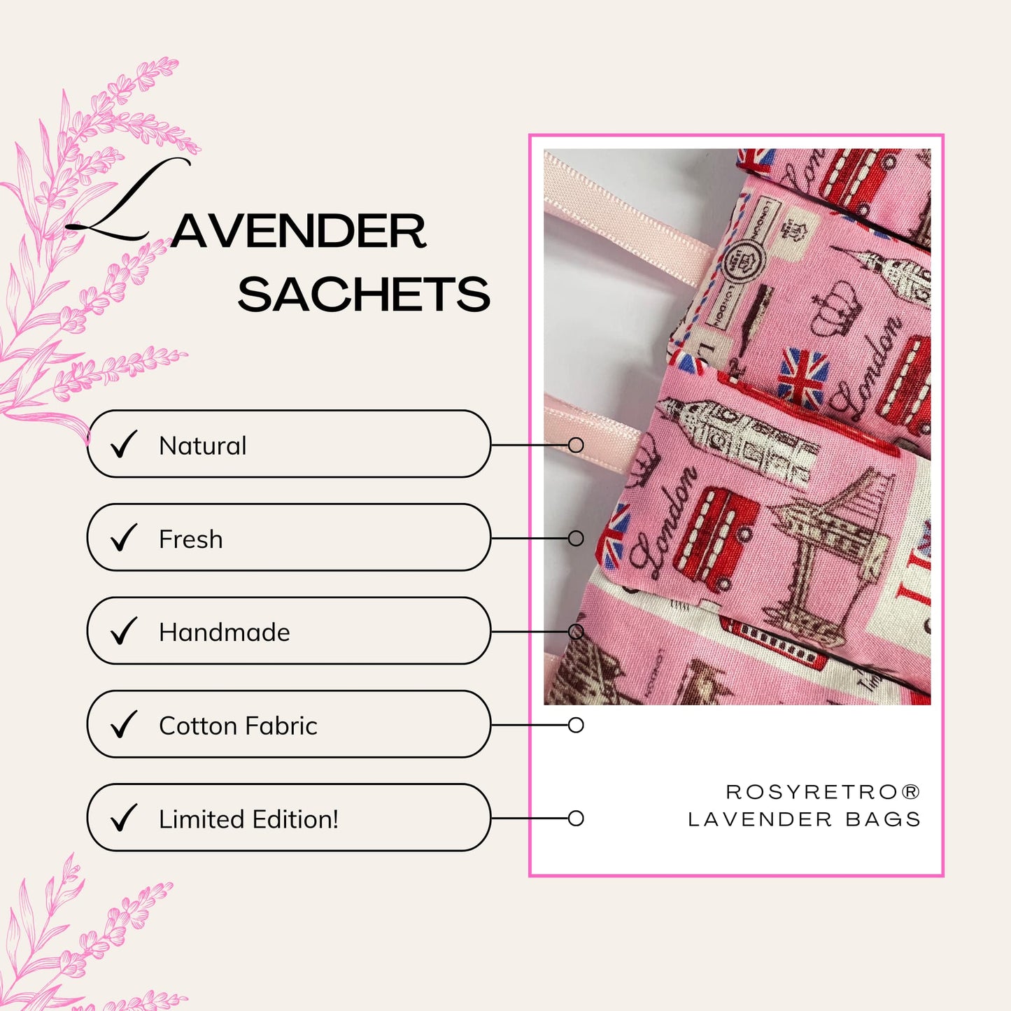 Aromatic Lavender Sachets in Pink London print - Sugar London