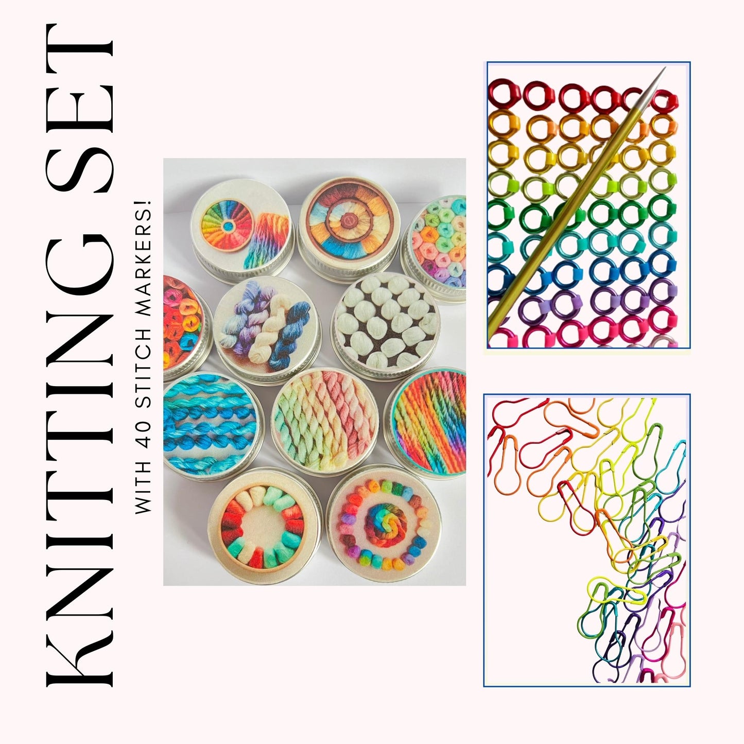 Knitting Stitch Markers Set 40 Markers and tin - Rainbow Yarn