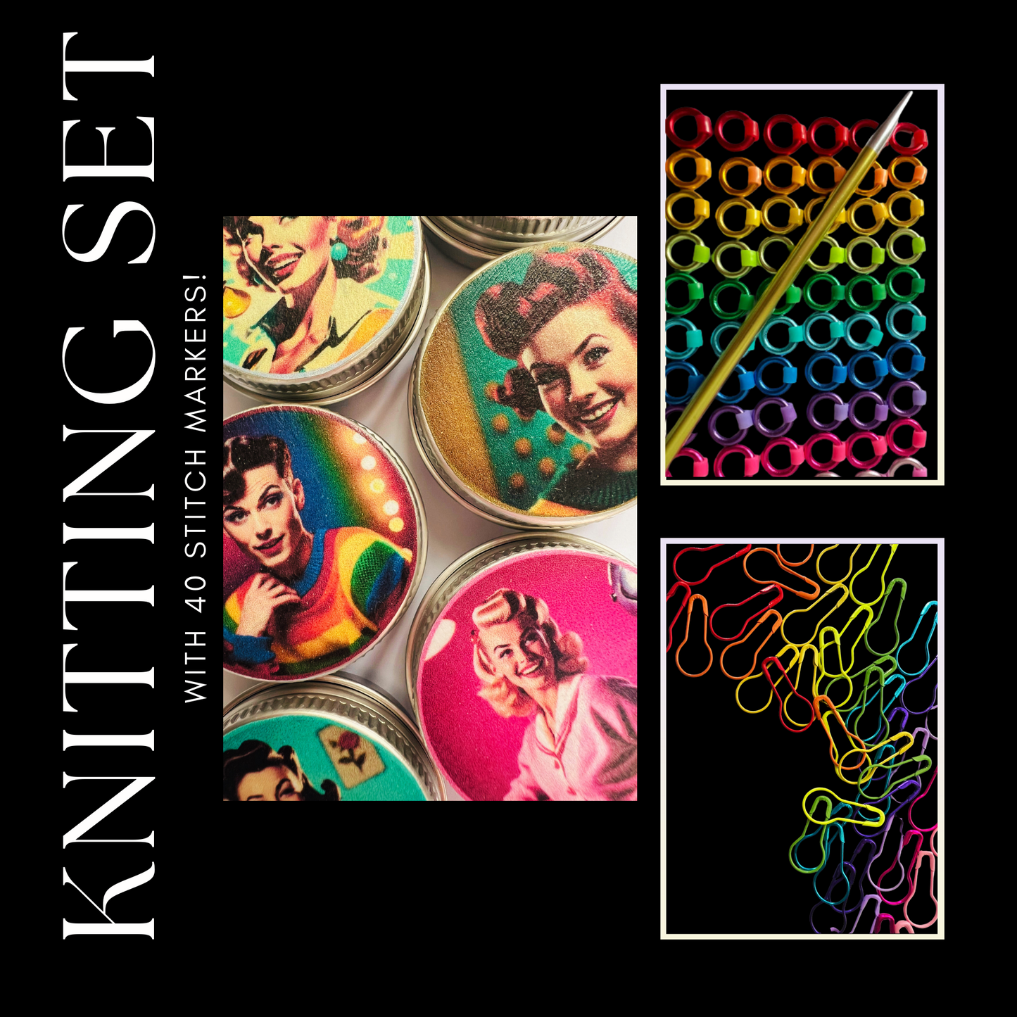 Knitting Set 40 Markers and Tin - RosyRetro Pin Up Pop Range