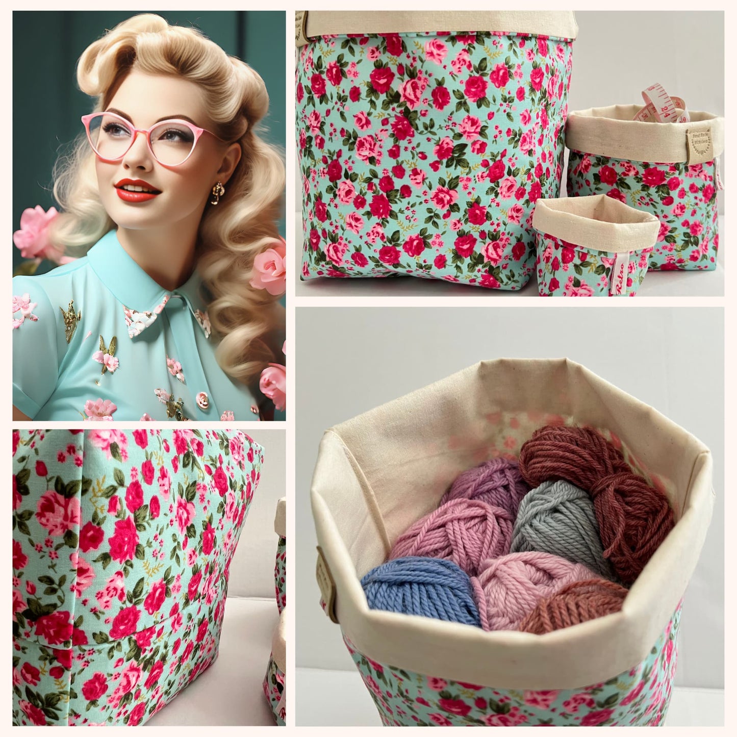 Storage basket, Craft tub for Knitting and Crochet Projects- MINT ROSE