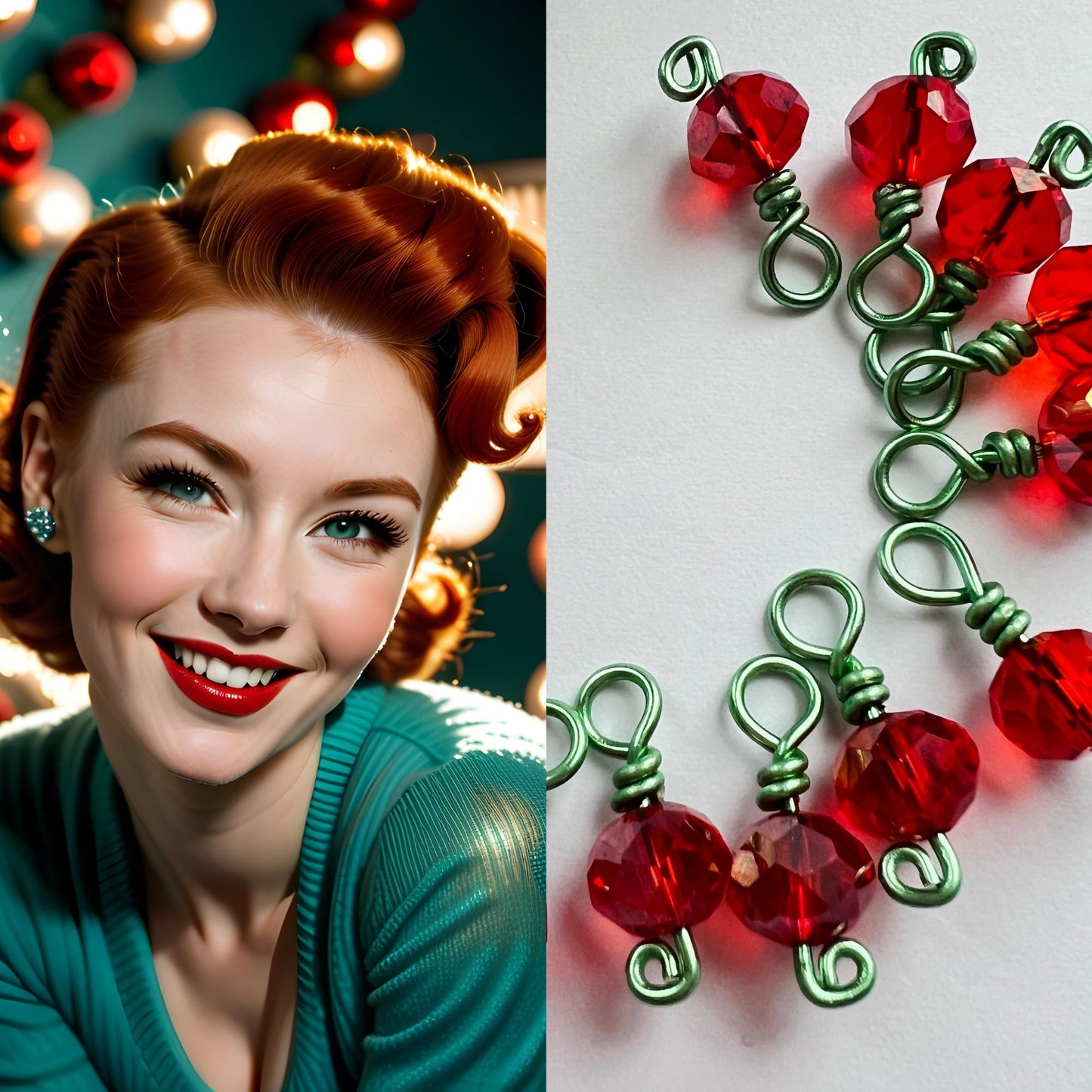 Red Crystal Wire Wrapped Stitch Markers -Cherry Lime