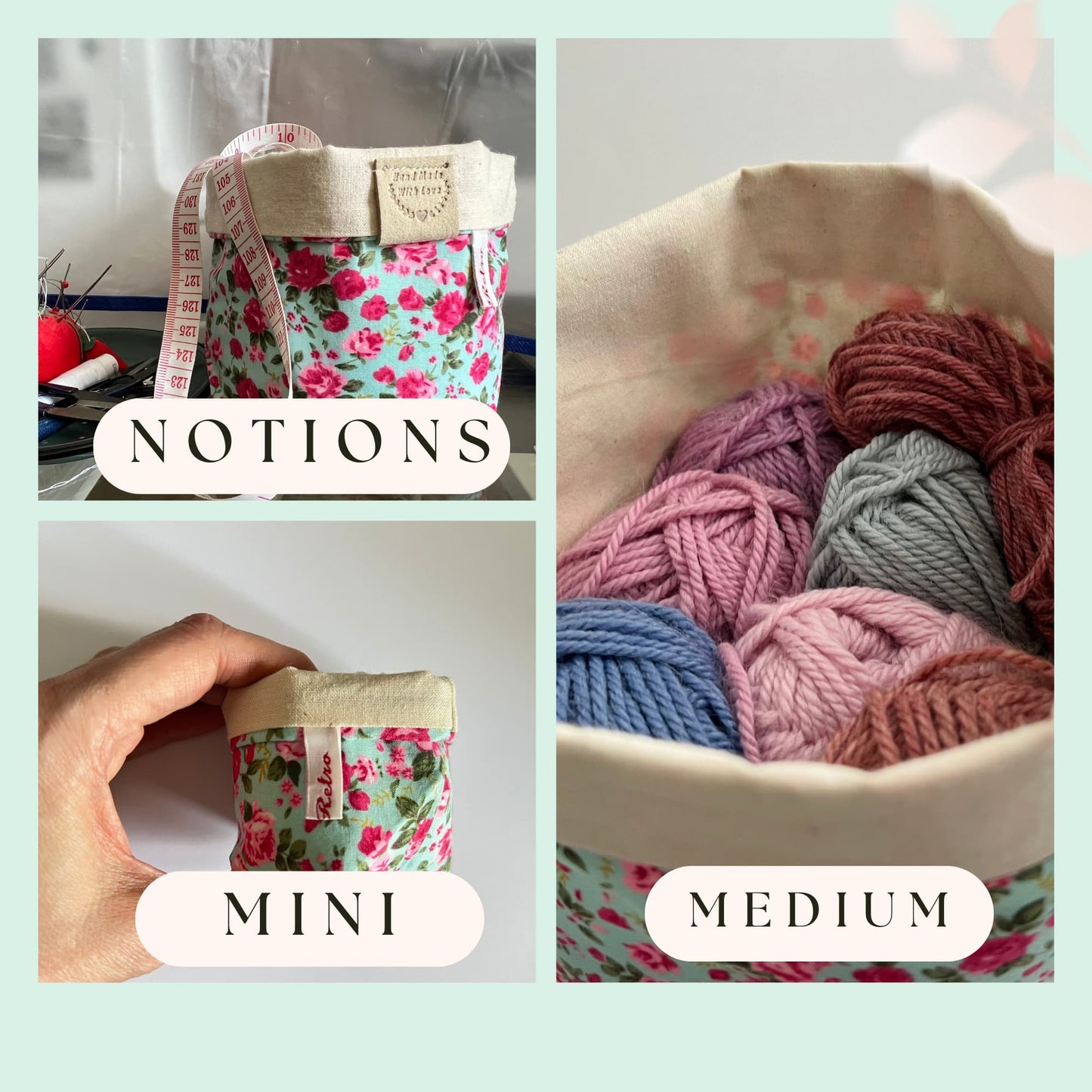 Storage basket, Craft tub for Knitting and Crochet Projects- MINT ROSE