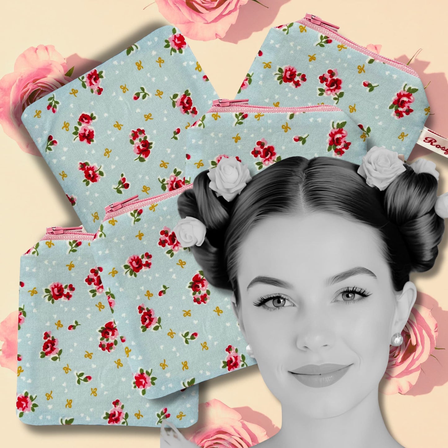Pale Blue Mini Floral Rose Knitting Case for Portable Projects
