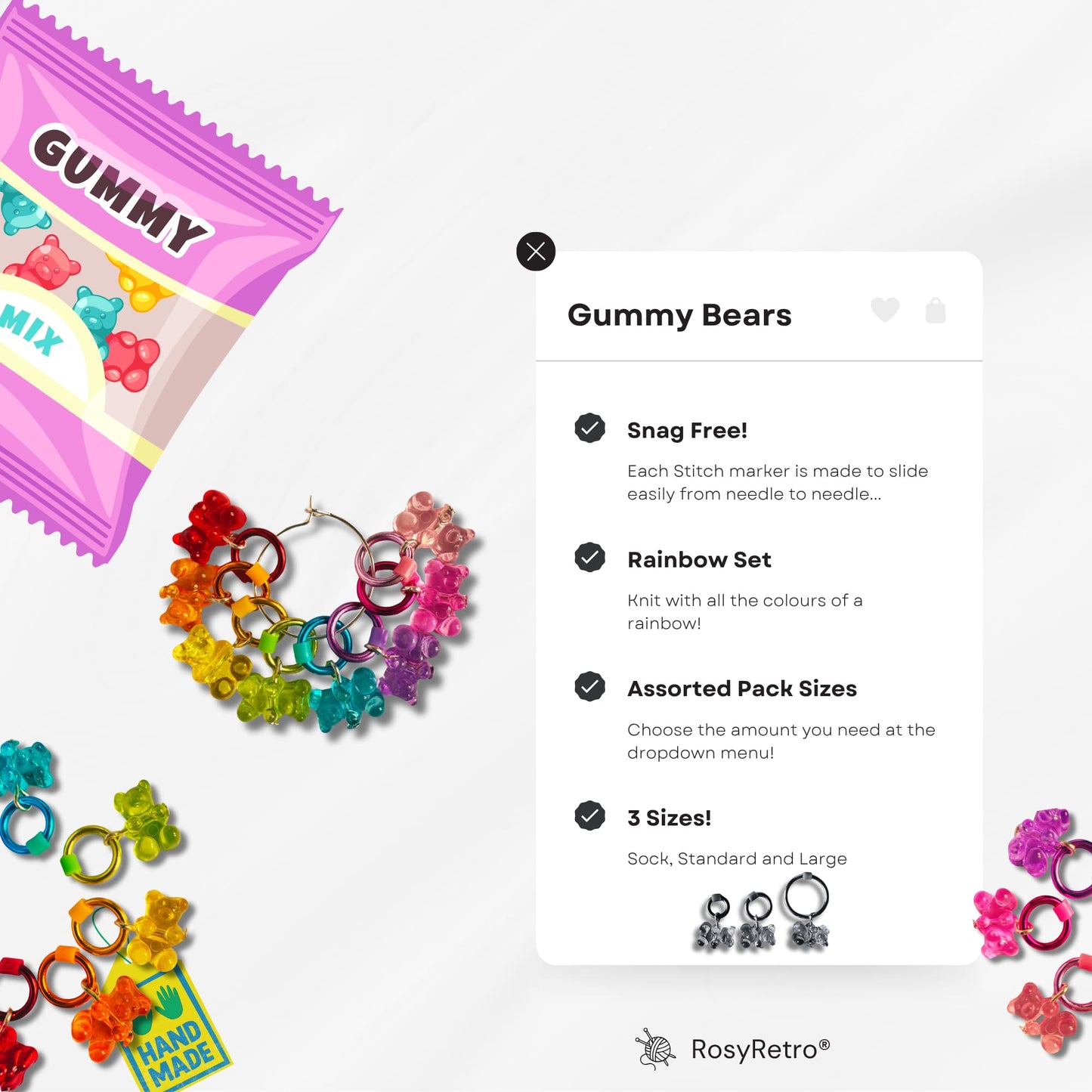 Rainbow Gummy Bear Stitch Markers - Cute Knitting Accessories in Vibrant Colors