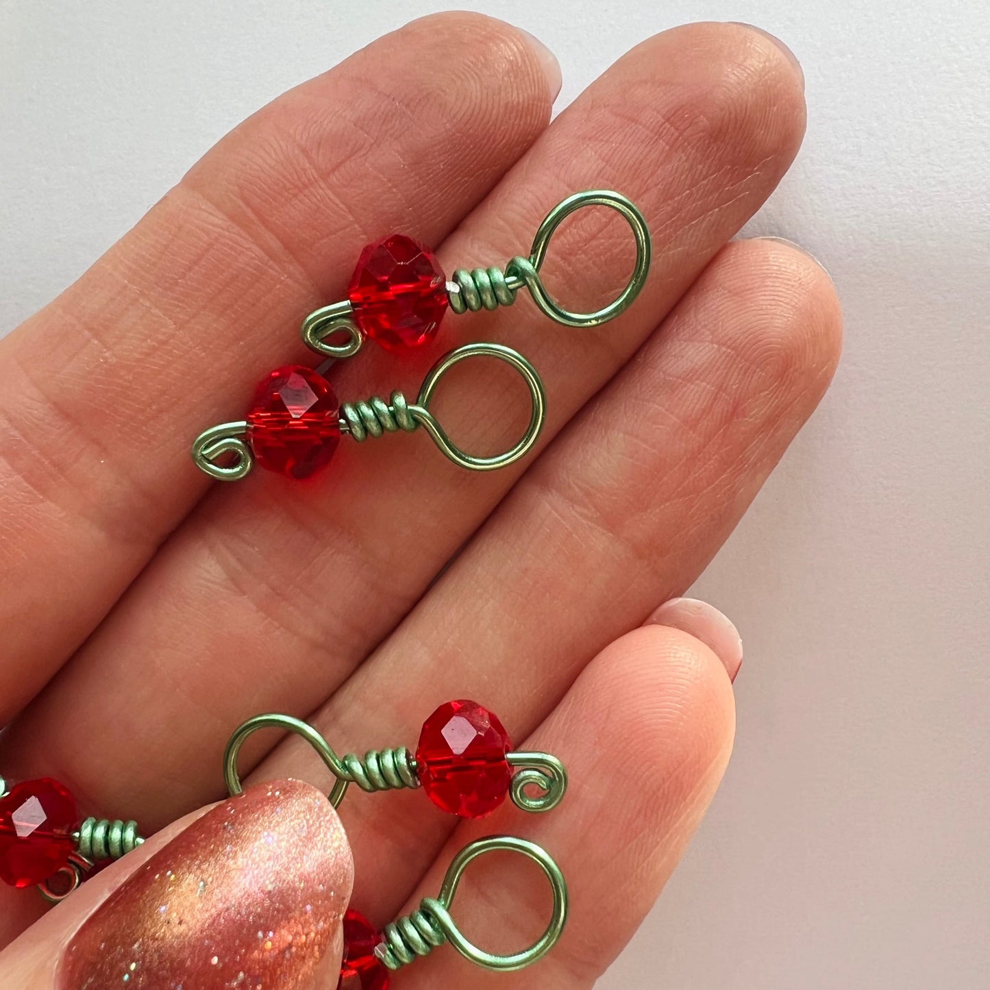 Red Crystal Wire Wrapped Stitch Markers -Cherry Lime