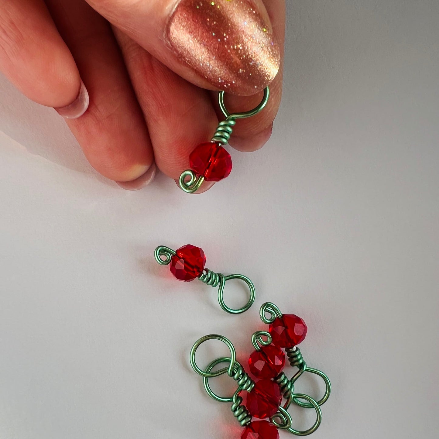 Red Crystal Wire Wrapped Stitch Markers -Cherry Lime