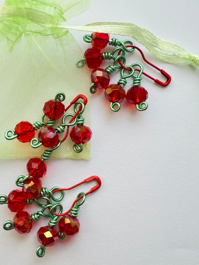 Red Crystal Wire Wrapped Stitch Markers -Cherry Lime
