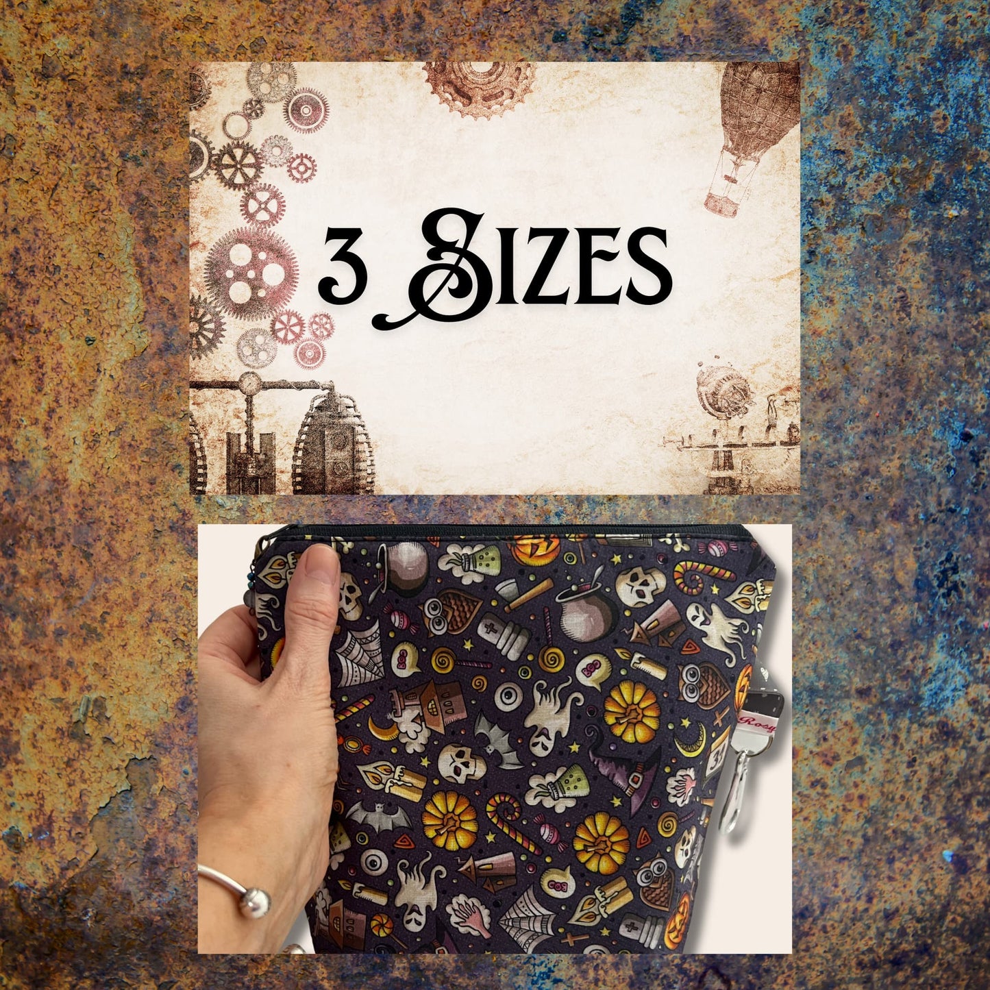 A dark grey bag covered in cartoon Halloween illustrations. "3 sizes".