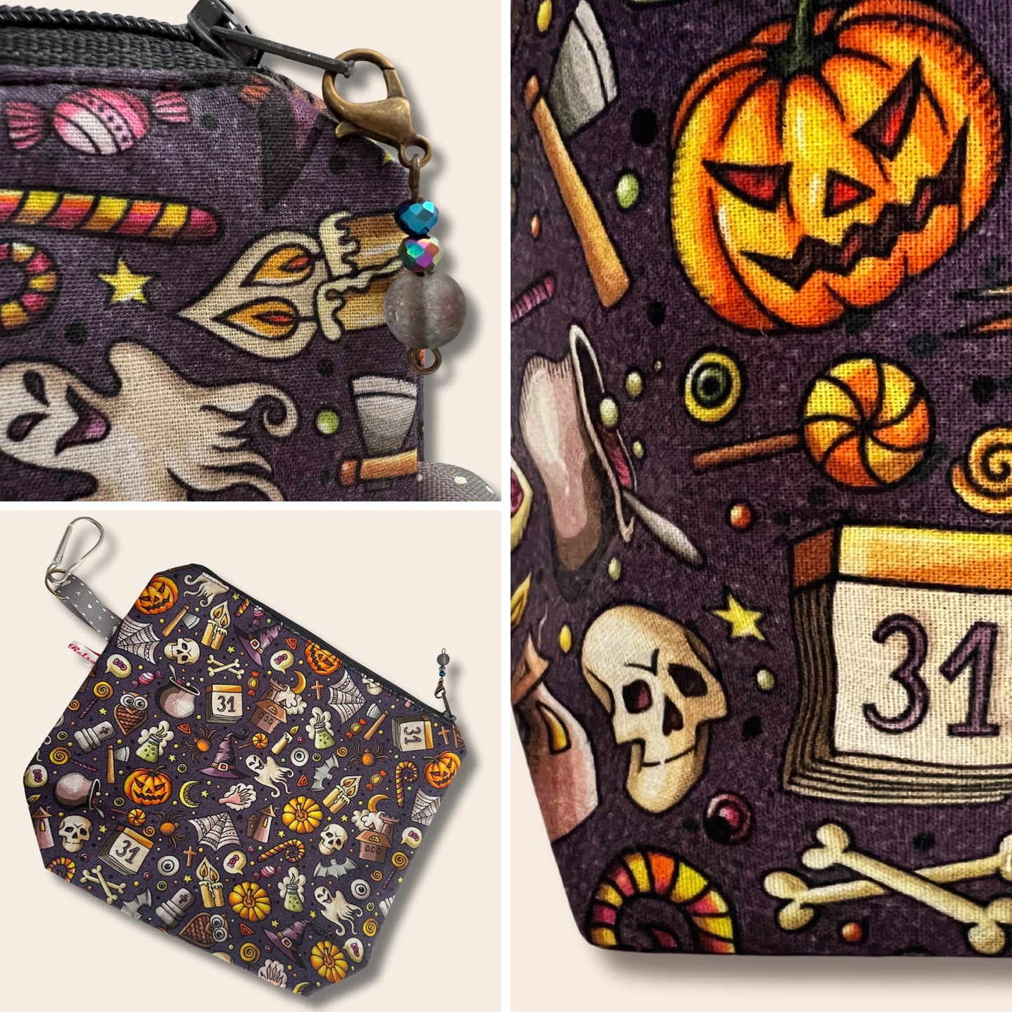 A mosaic of images showcasing a dark grey bag covered in cartoon Halloween illustrations. A close-up focuses on a handmade zip pull.