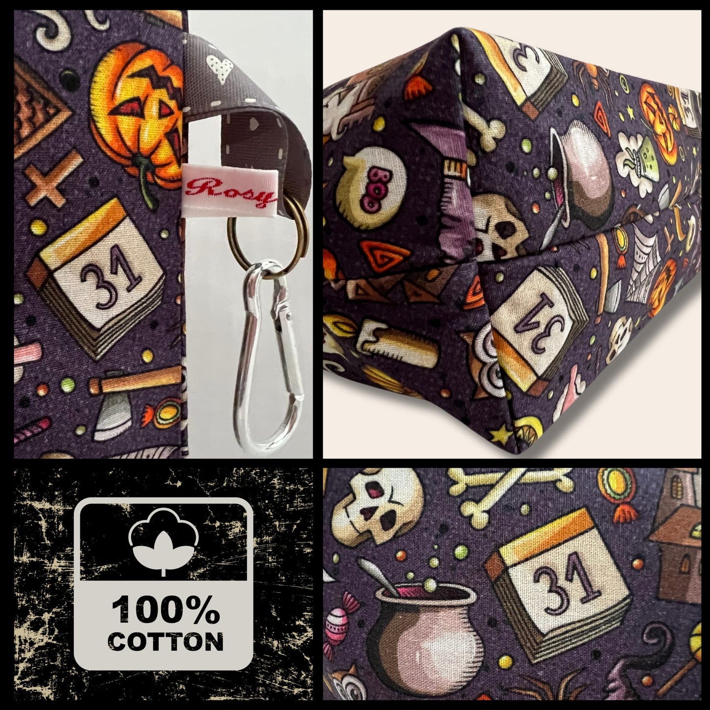 A mosaic of images showcasing a dark grey bag covered in cartoon Halloween illustrations. A close-up focuses on a RosyRetro tag and heart pattern loop with a metal clasp. "100% Cotton."