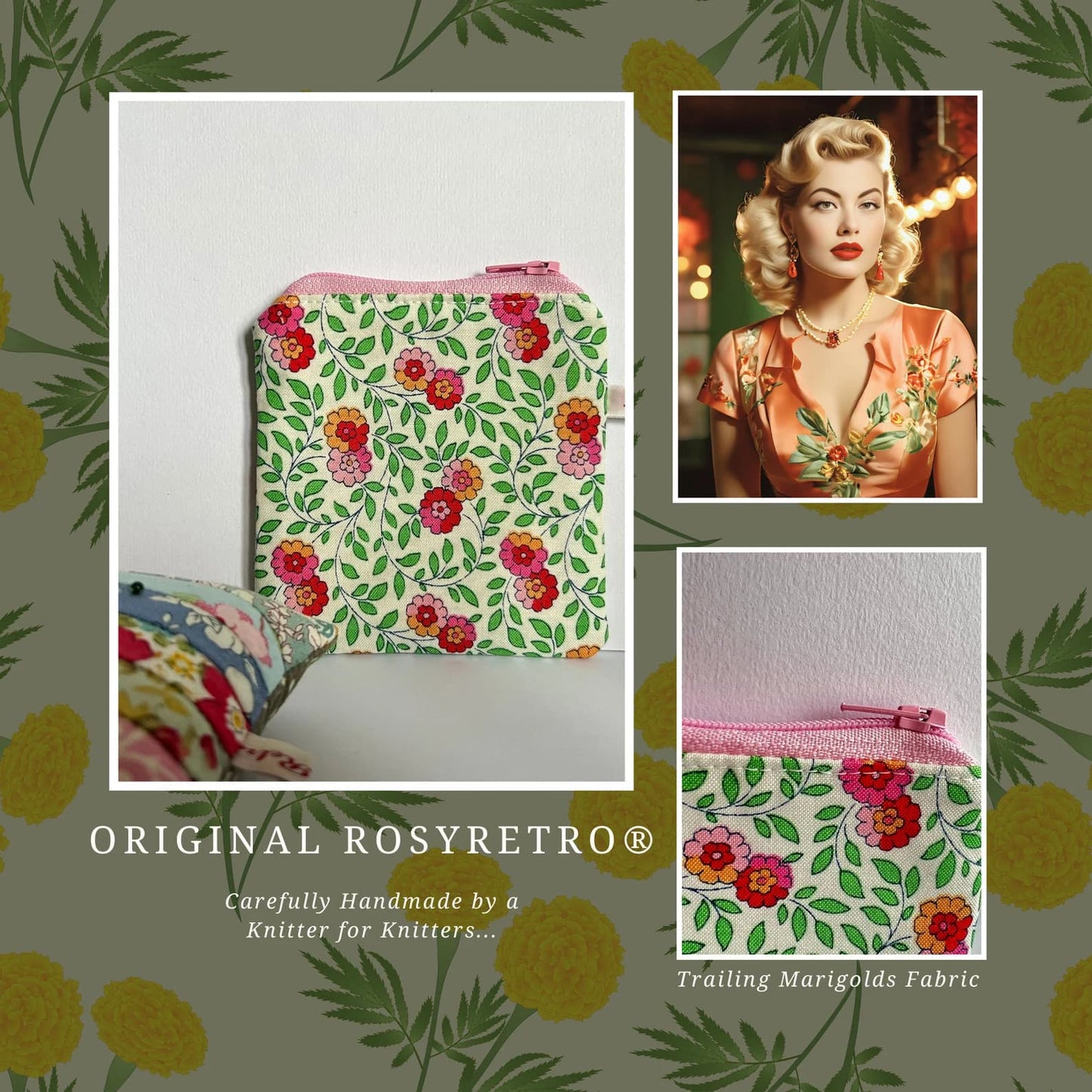 Liberty Fabric Storage pouch for Knitting - Trailing Marigold