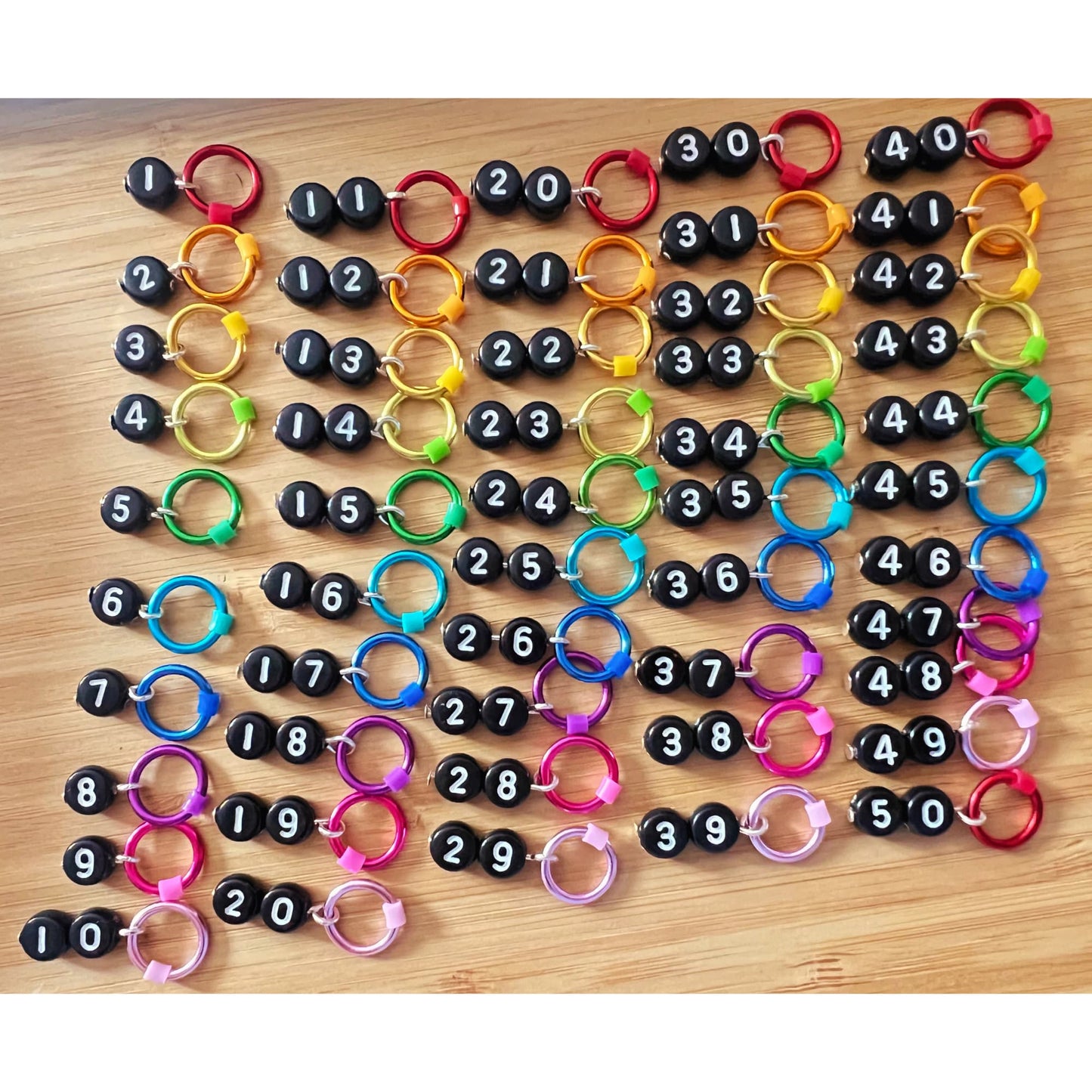 Number Stitch Markers in Rainbow Colours - Black Numbers Set