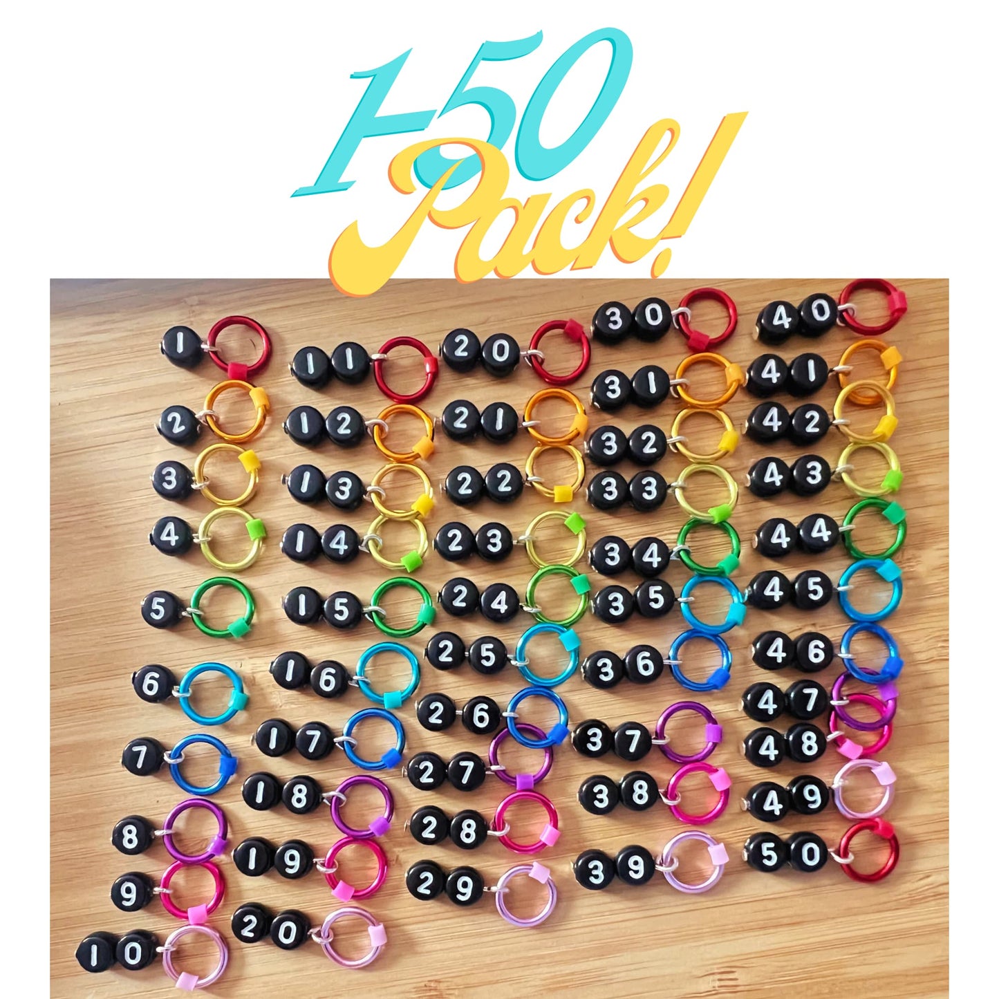 Number Stitch Markers in Rainbow Colours - Black Numbers Set