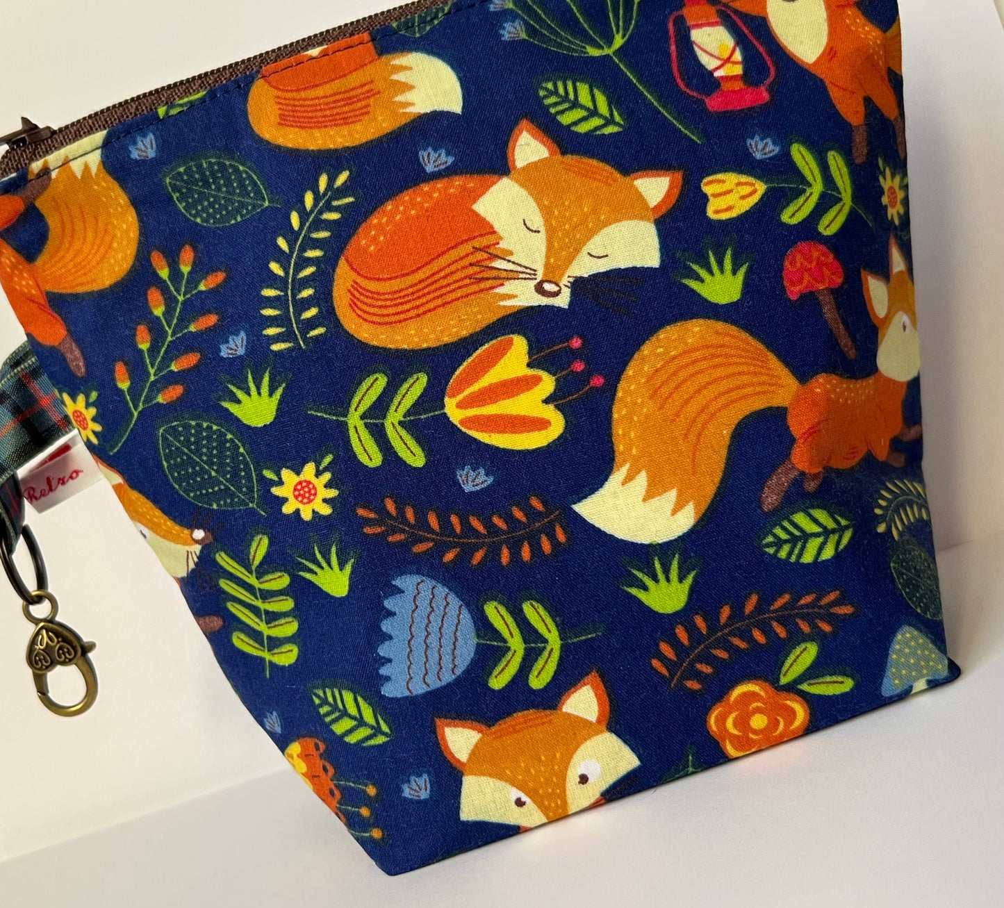 Handmade Navy Woodland Fox Notions Bag - Cute & Roomy