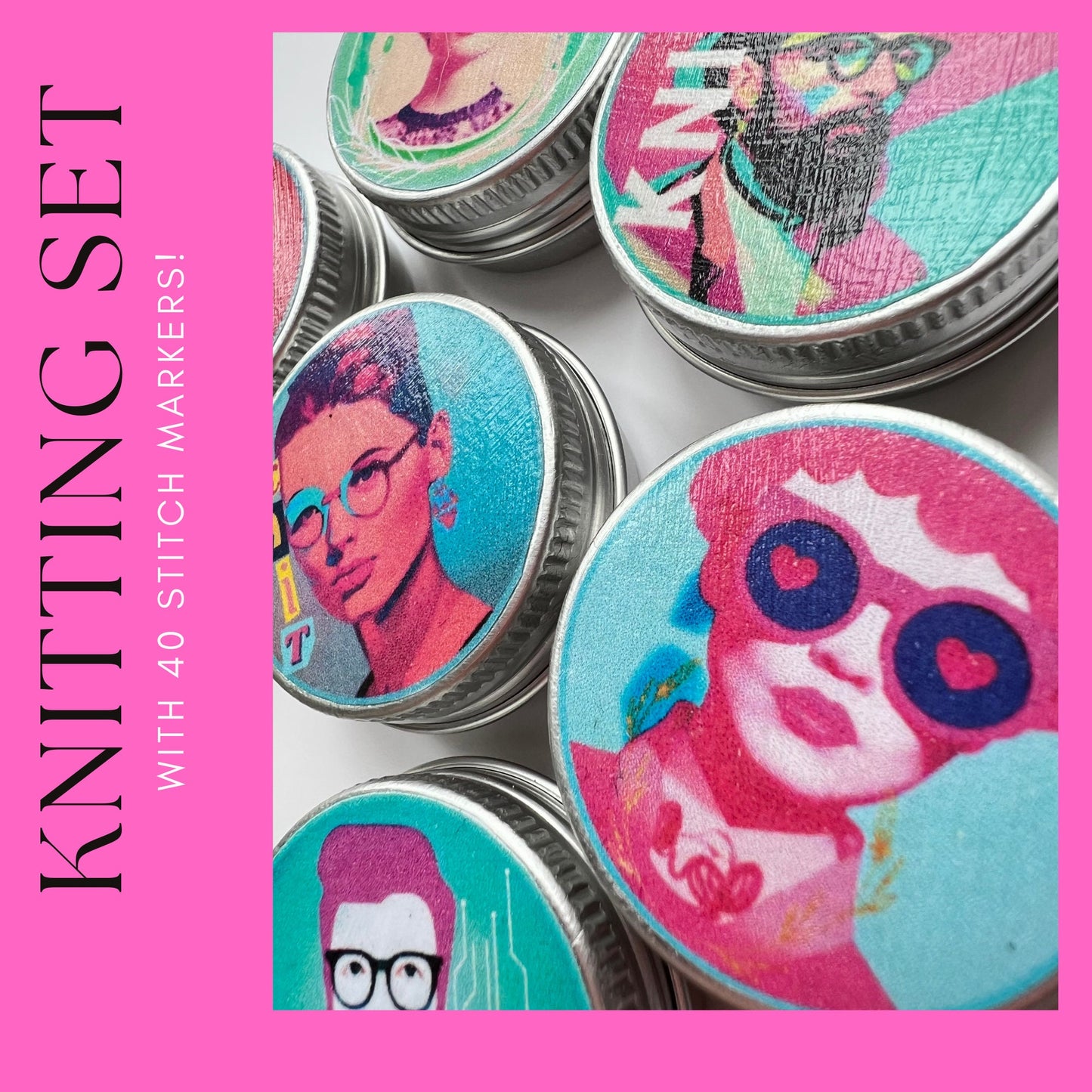 Knitting Set 40 Markers and Tin - Hipster pink