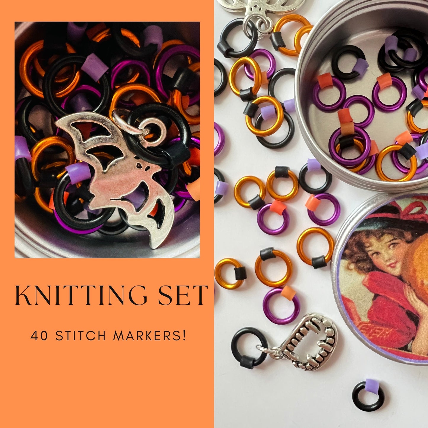 halloween knitting Starter Set  with 40 Markers and tin
