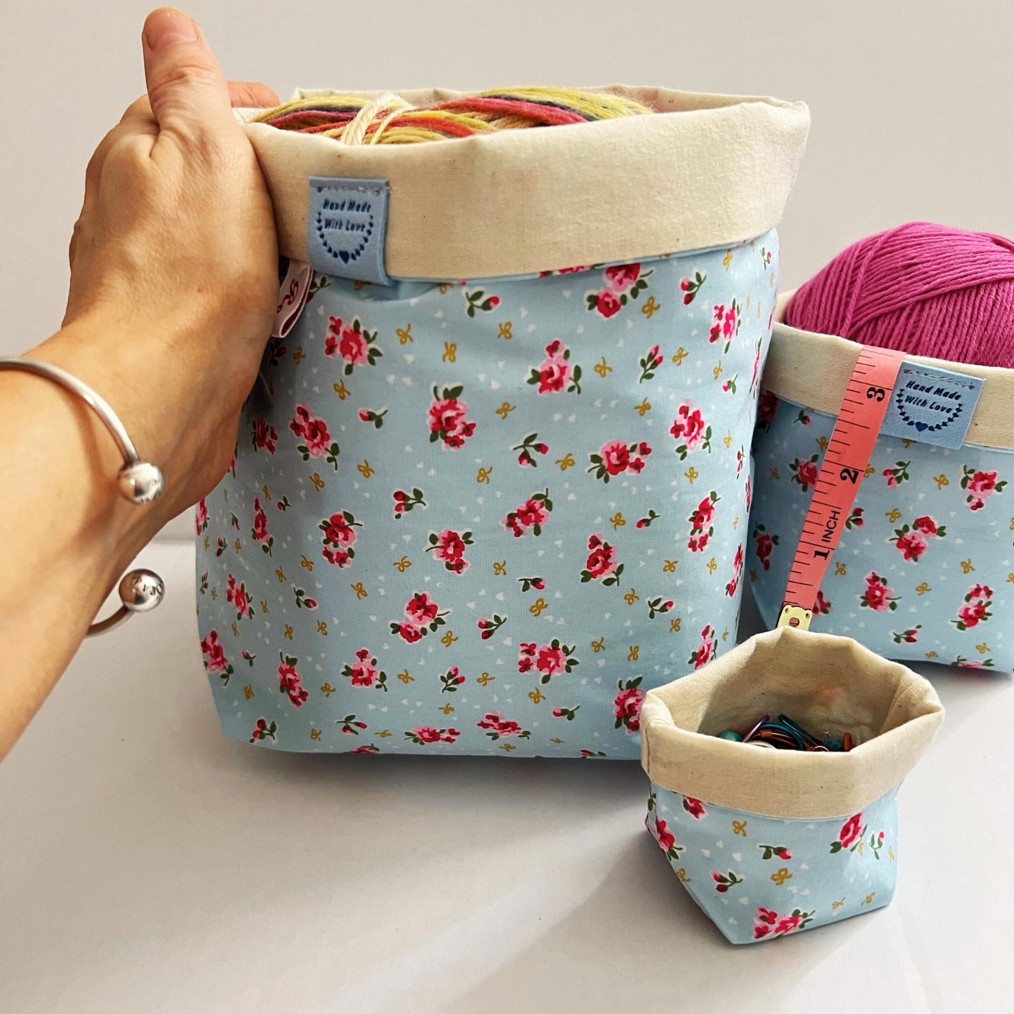 Storage baskets, Fabric tubs for Knitting and Crochet Projects- SKY FLOWER