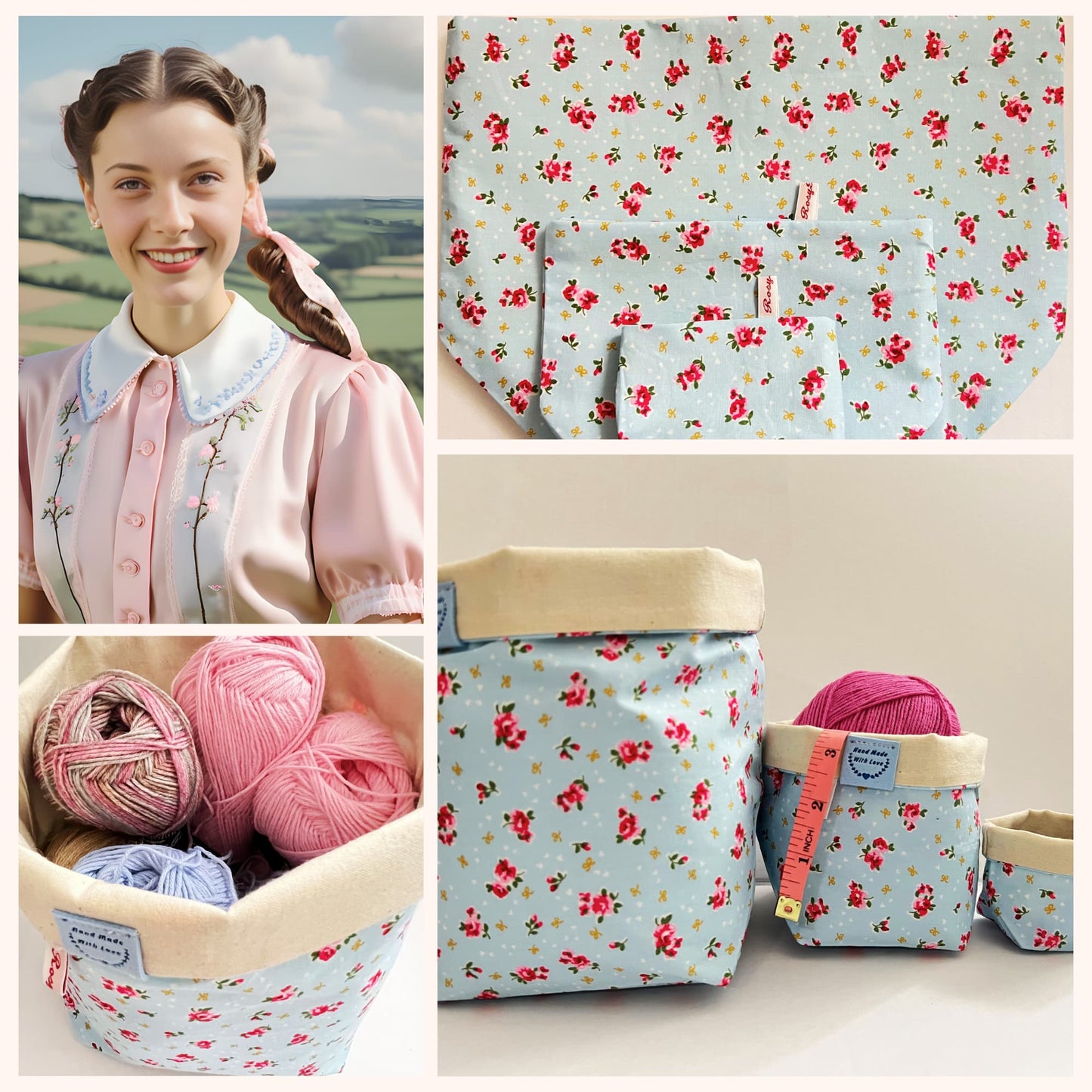 Storage baskets, Fabric tubs for Knitting and Crochet Projects- SKY FLOWER