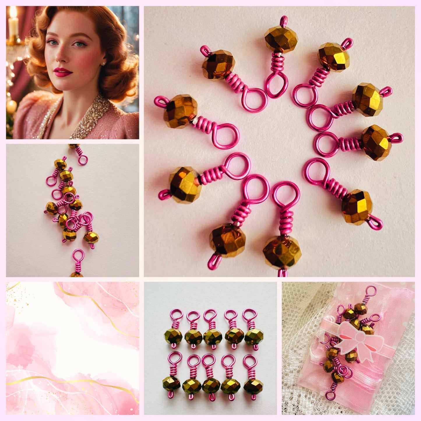 Pink Stitch Markers, Wire Wrapped Snag Free - Prosecco Fizz