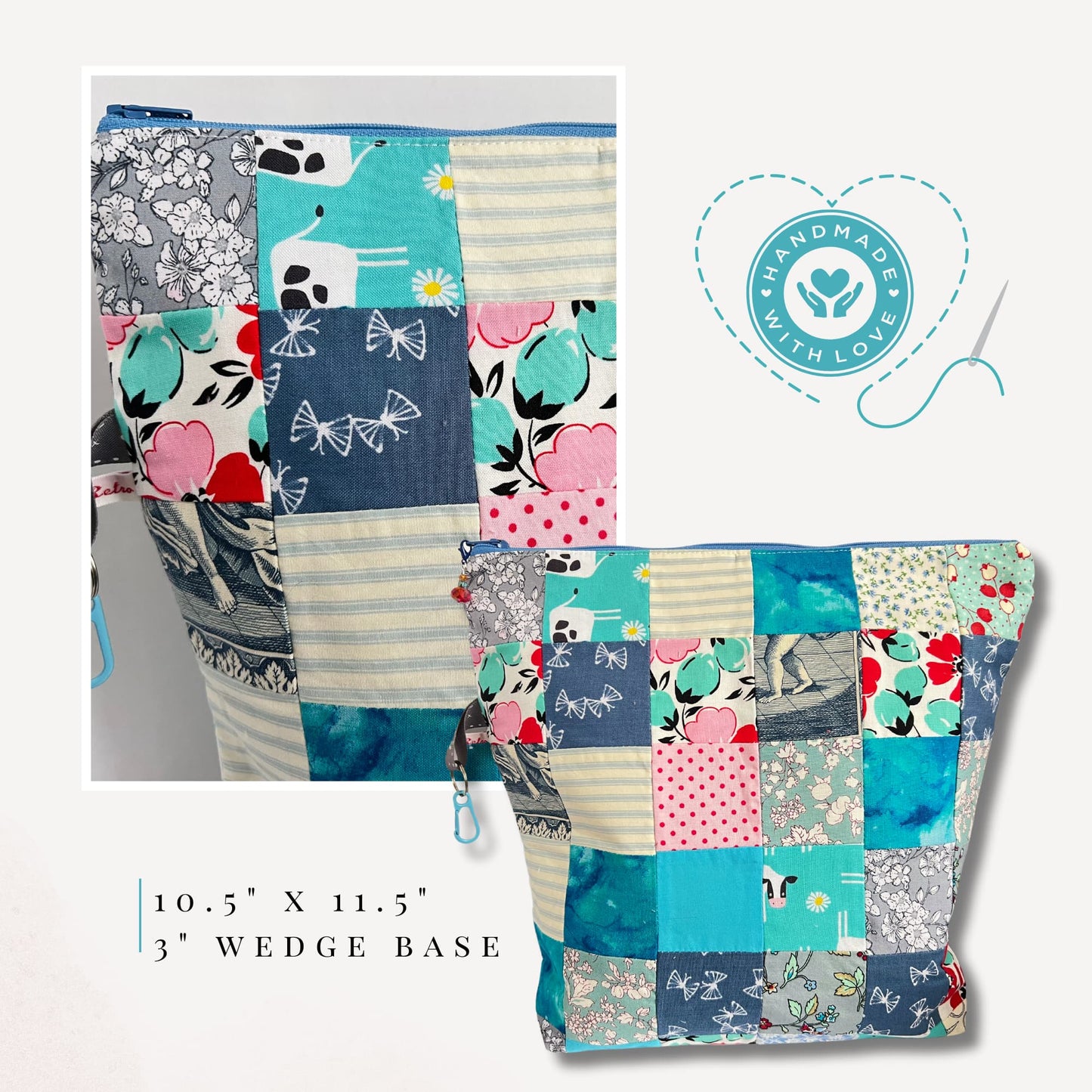 Patchwork Project Bag for Knitting and Crochet - Blue Retro Patch