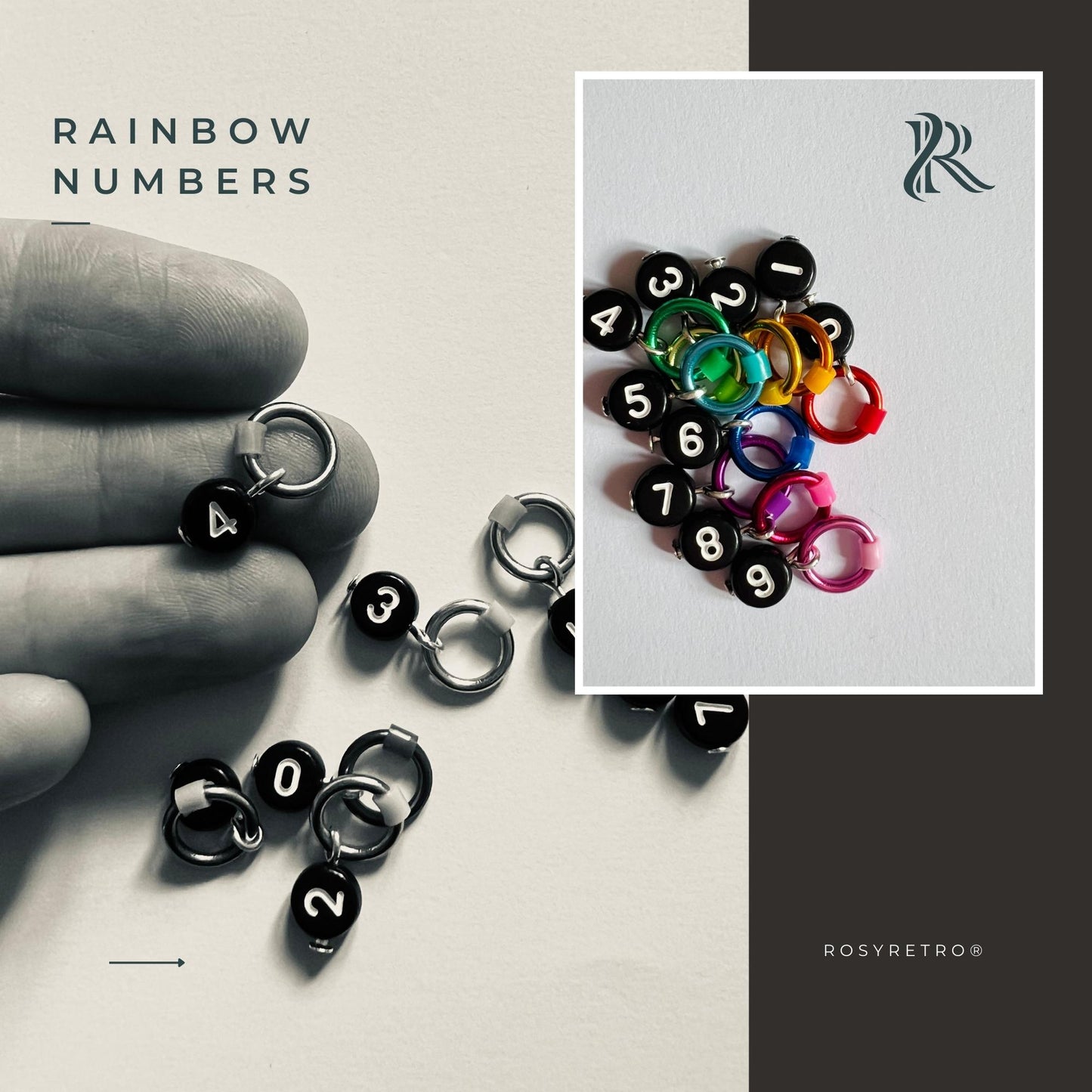 Number Stitch Markers in Rainbow Colours - Black Numbers Set