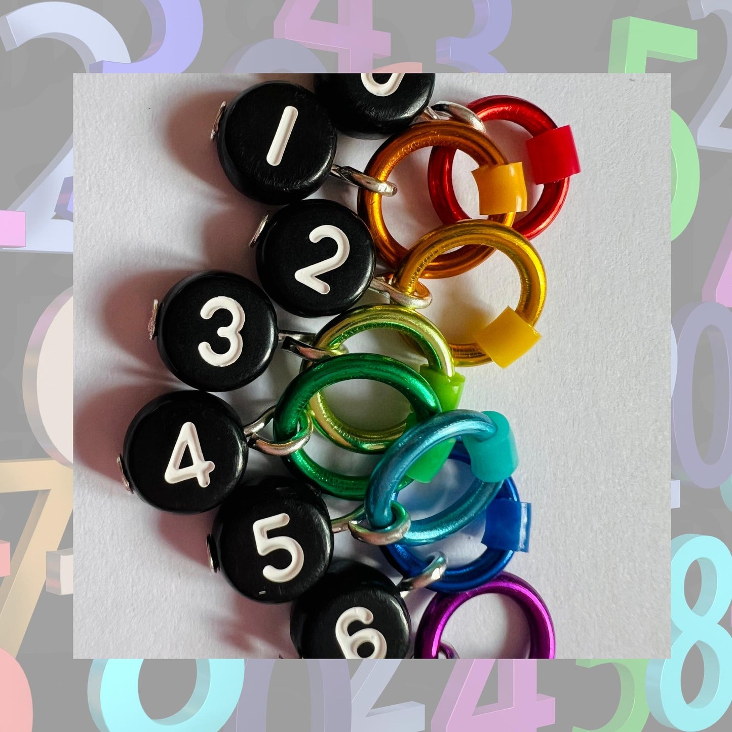 Number Stitch Markers in Rainbow Colours - Black Numbers Set