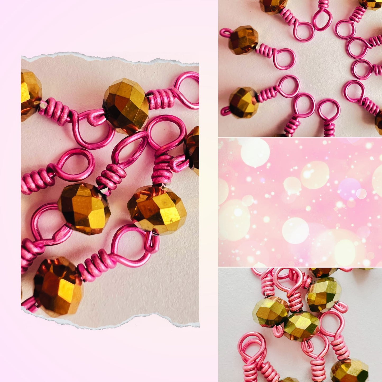 Pink Stitch Markers, Wire Wrapped Snag Free - Prosecco Fizz