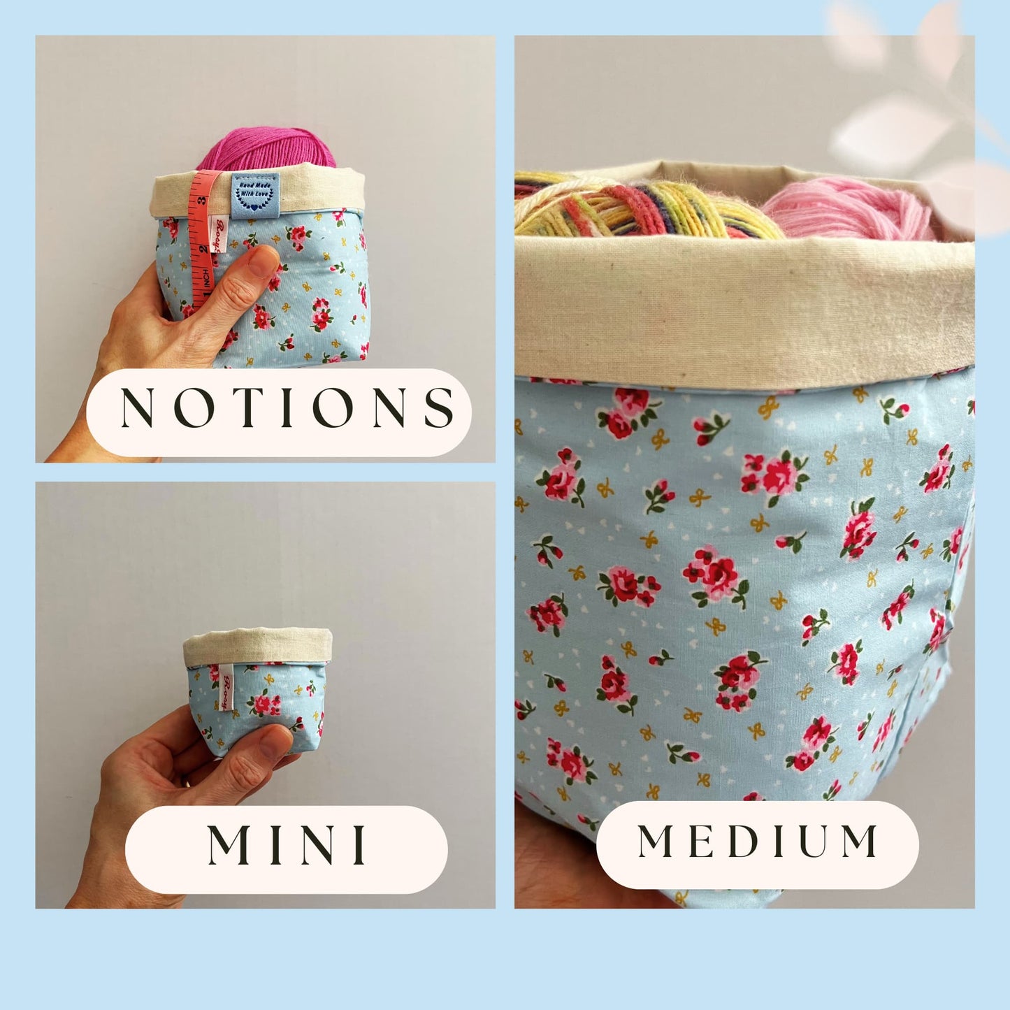 Storage baskets, Fabric tubs for Knitting and Crochet Projects- SKY FLOWER