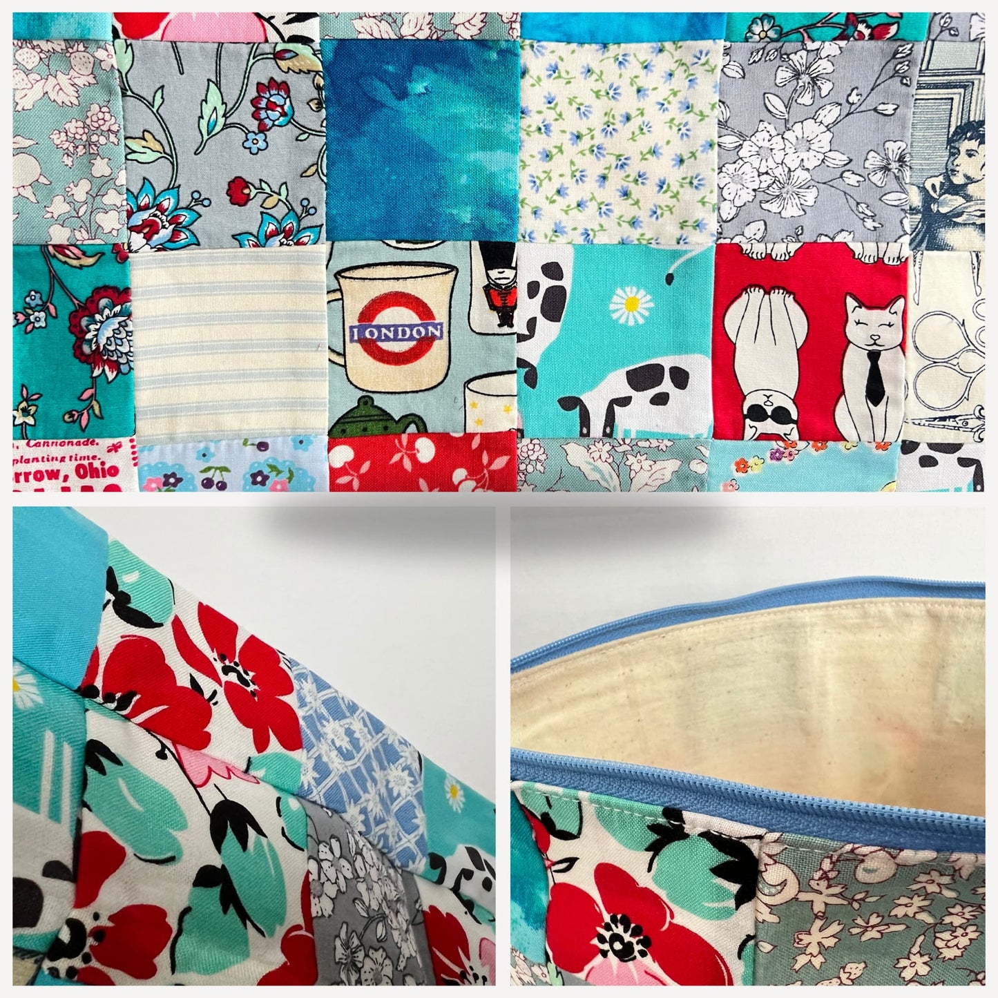 Patchwork Project Bag for Knitting and Crochet - Blue Retro Patch