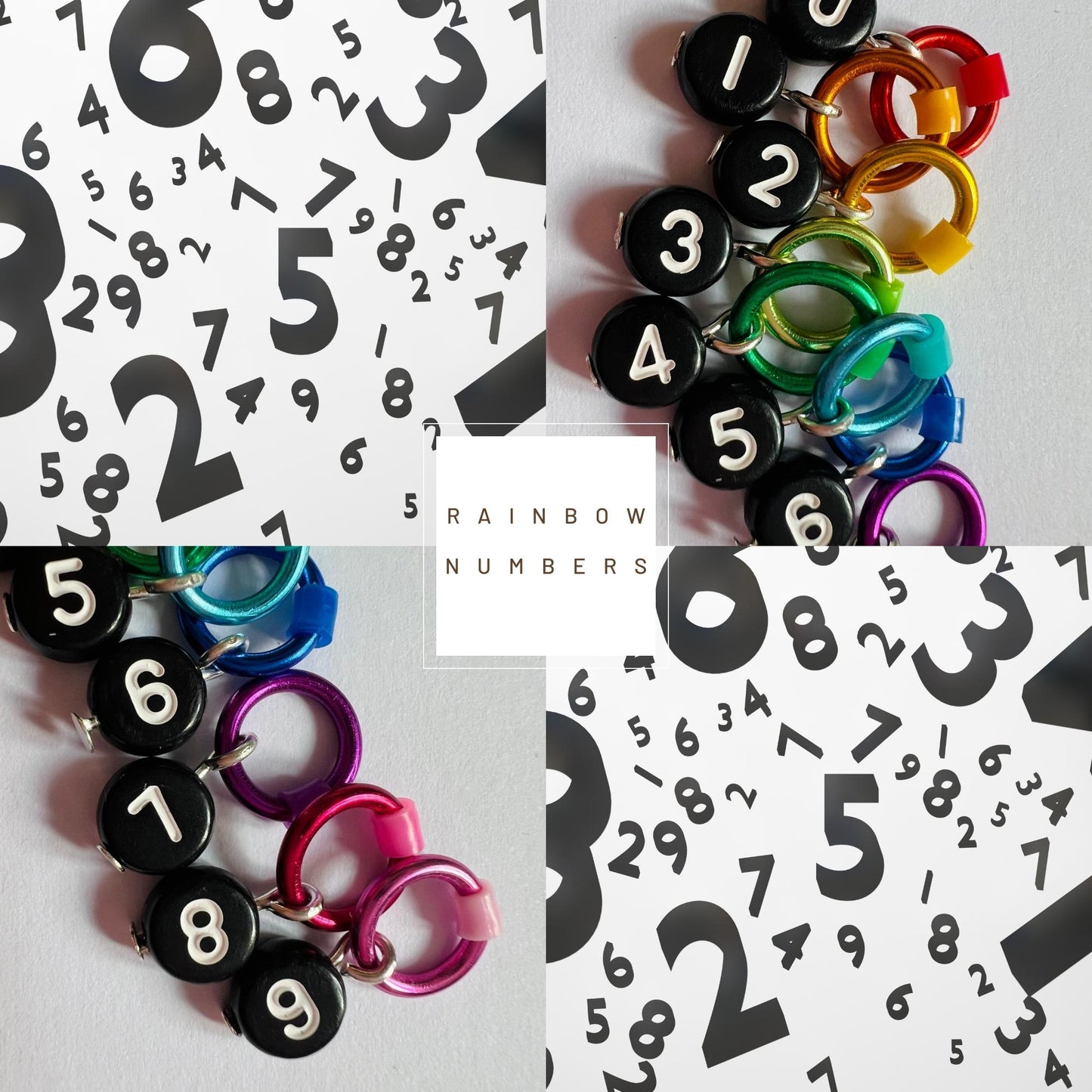 Number Stitch Markers in Rainbow Colours - Black Numbers Set