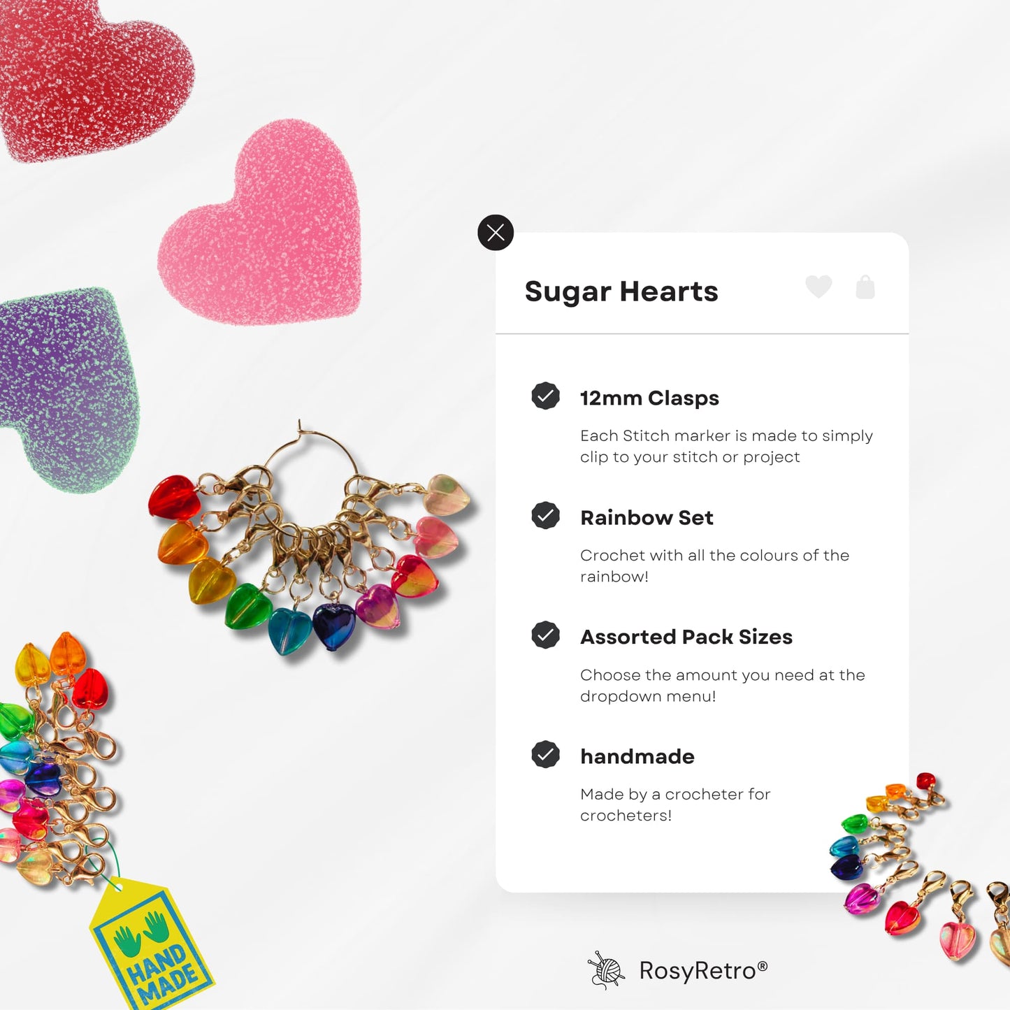 Rainbow Crochet Stitch Markers - Sugar Hearts