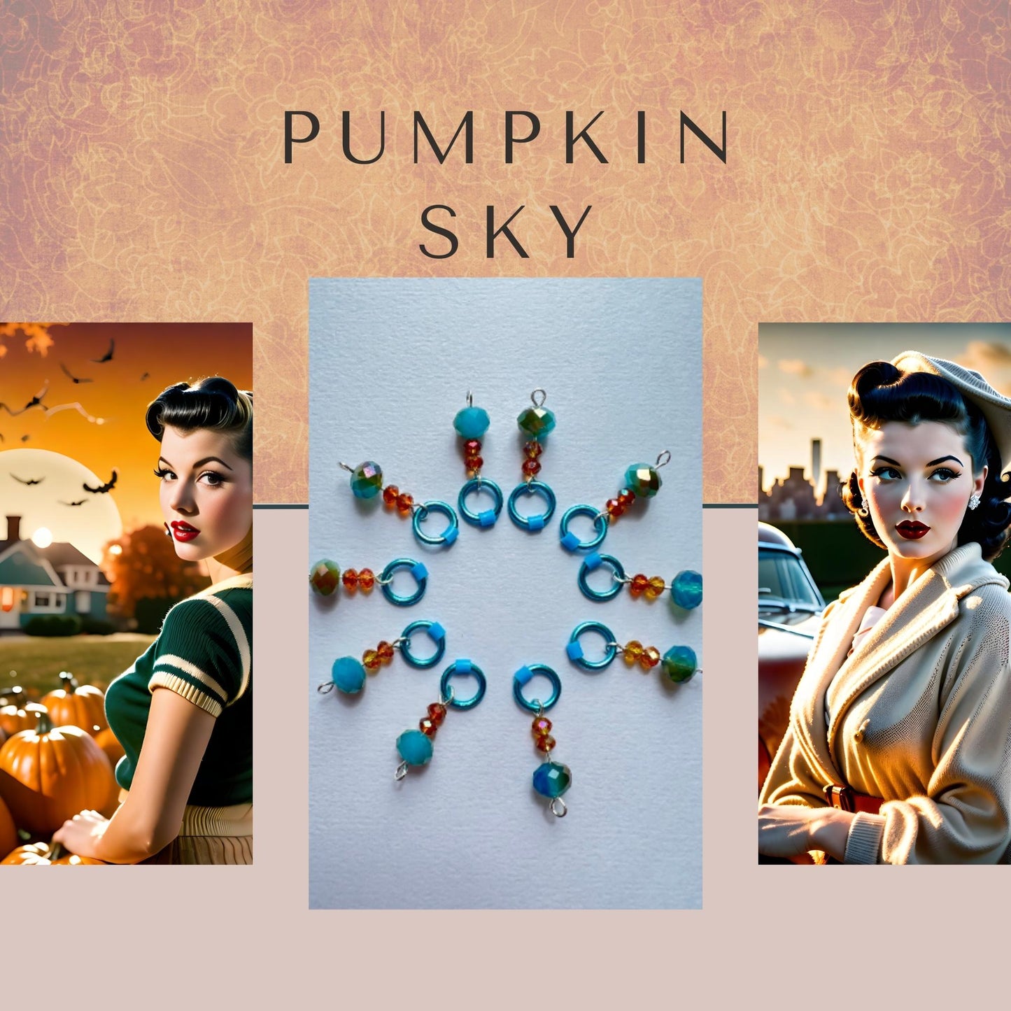 Knitting stitch markers in blue and orange crystal - Pumpkin Sky