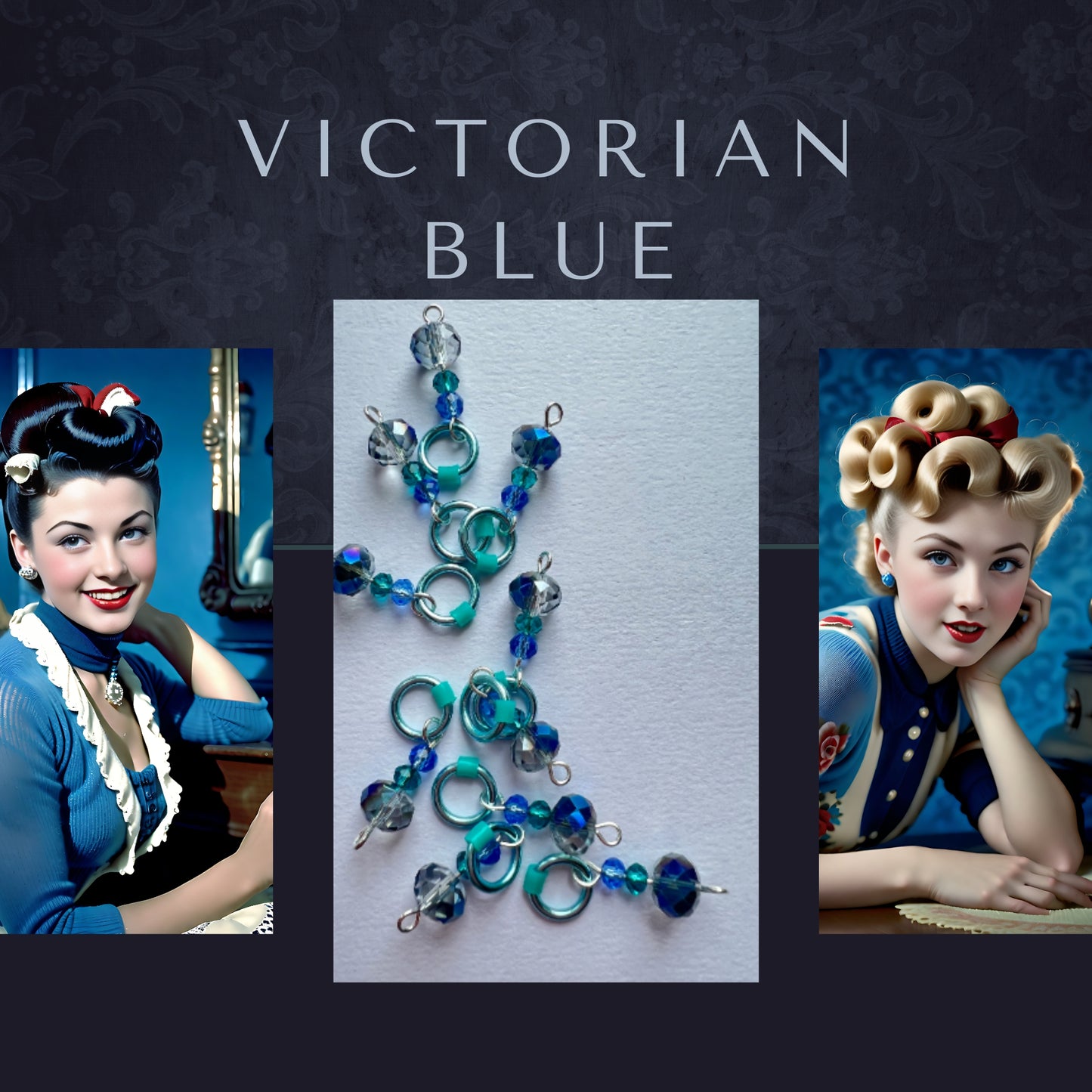 Blue crystal stitch markers for knitting - Victorian Blue