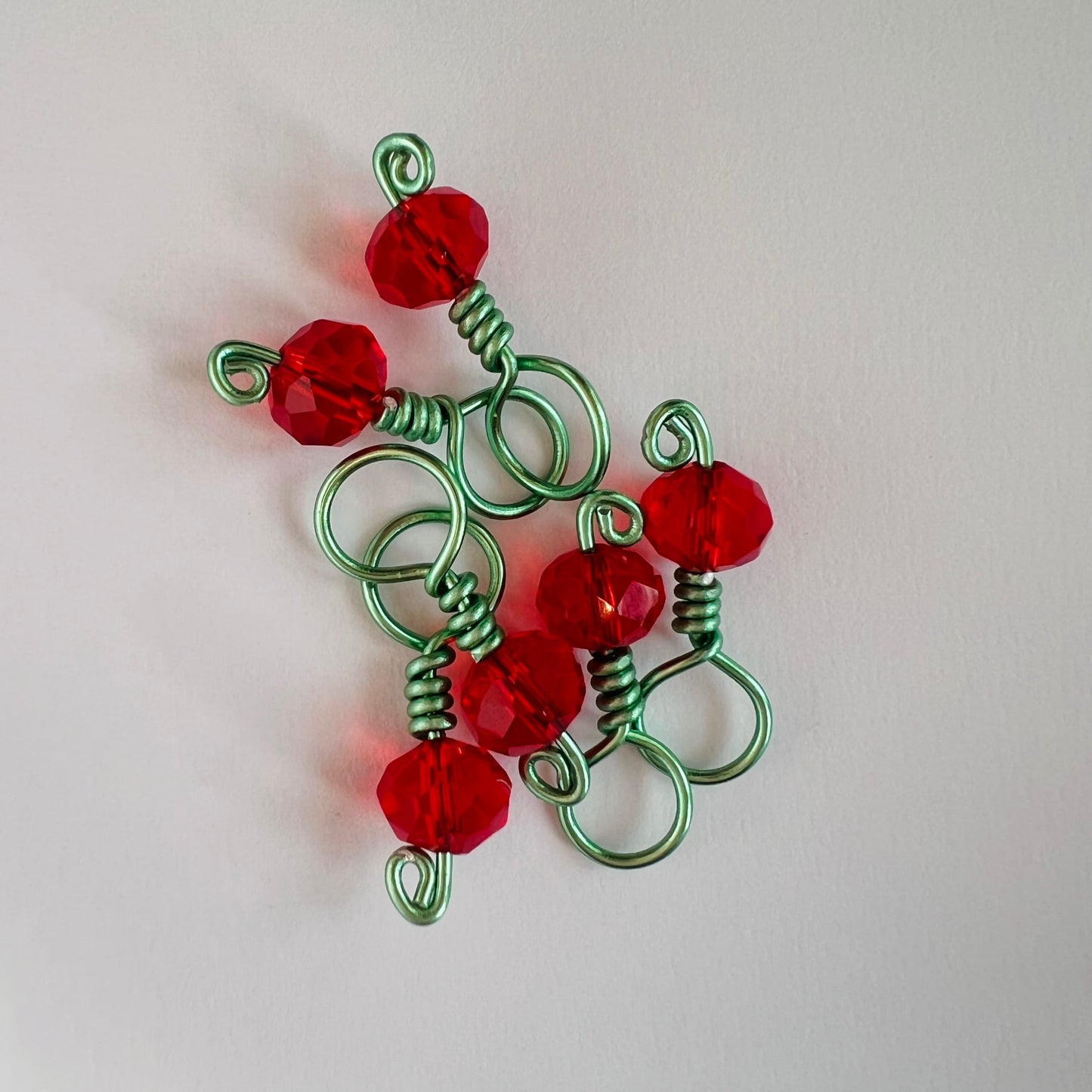 Red Crystal Wire Wrapped Stitch Markers -Cherry Lime