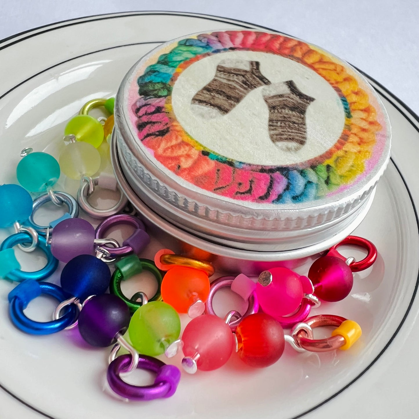 Knitting SET with Tin for Sock & Lace Knitting - Rainbow Stitch Marker Set