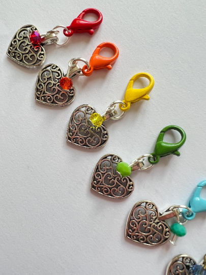 Rainbow Heart Stitch Markers/ Progress Keepers- Track Your Knitting & Crochet Progress