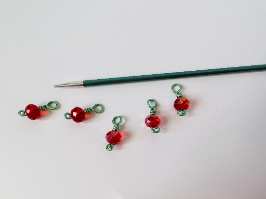 Red Crystal Wire Wrapped Stitch Markers -Cherry Lime