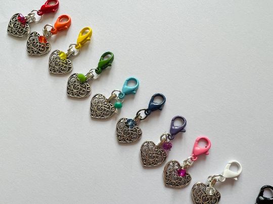 Rainbow Heart Stitch Markers/ Progress Keepers- Track Your Knitting & Crochet Progress