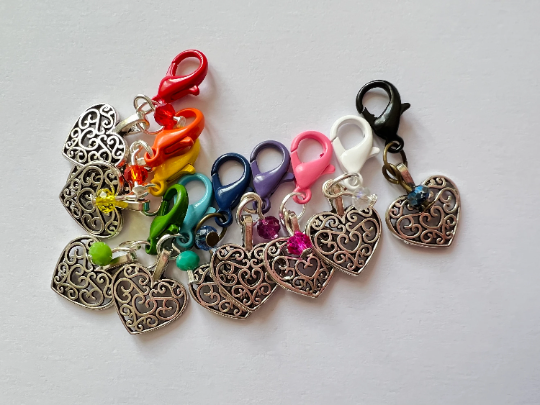 Rainbow Heart Stitch Markers/ Progress Keepers- Track Your Knitting & Crochet Progress