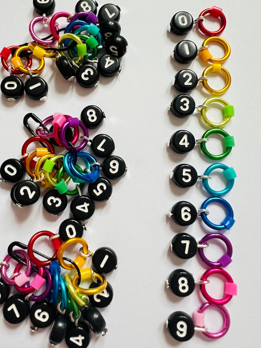 Number Stitch Markers in Rainbow Colours - Black Numbers Set