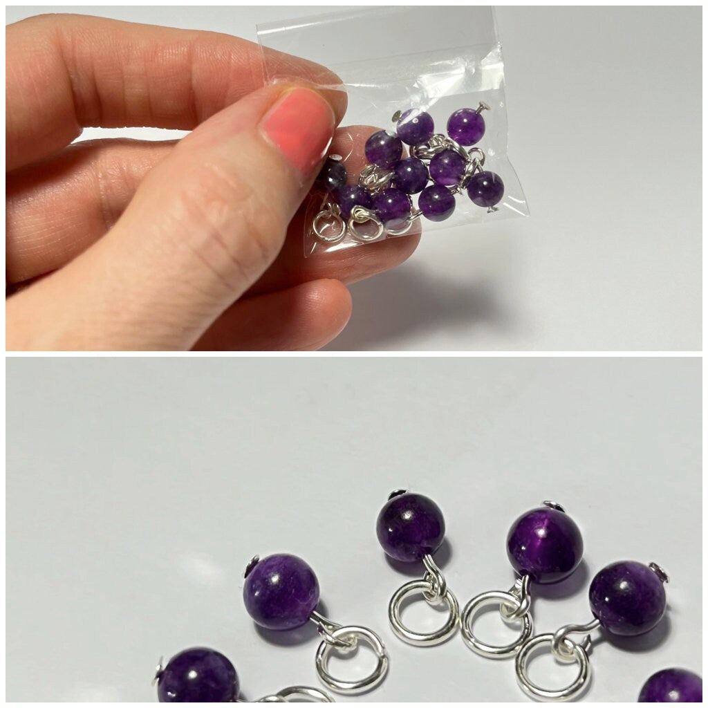 Gemstone Stitch Markers 3mm - Amethyst & Amazonite Beads for Knitting