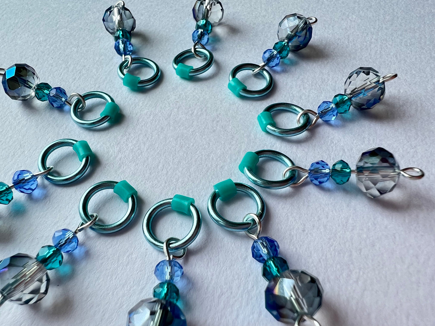 Blue crystal stitch markers for knitting - Victorian Blue