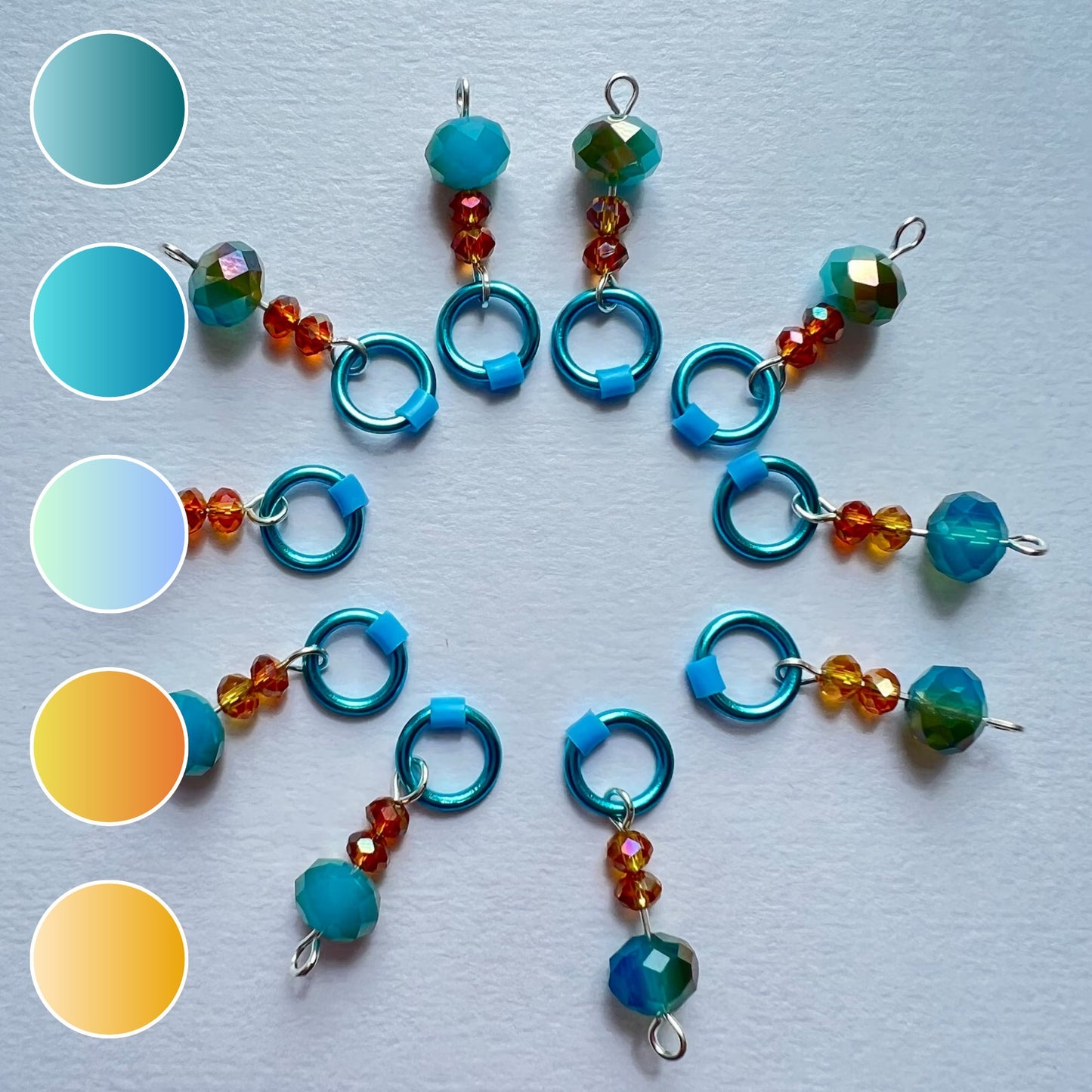 Knitting stitch markers in blue and orange crystal - Pumpkin Sky