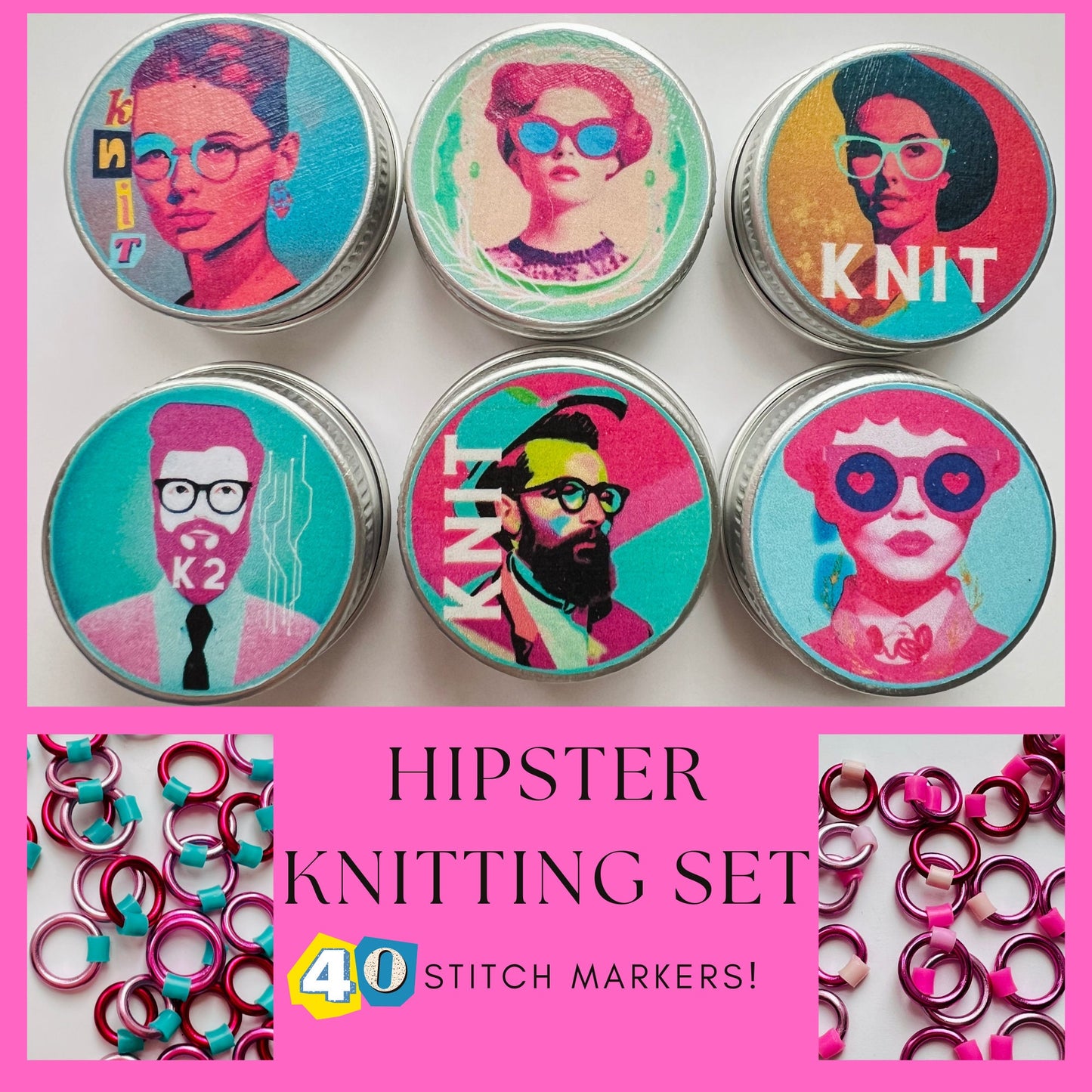 Knitting Set 40 Markers and Tin - Hipster pink