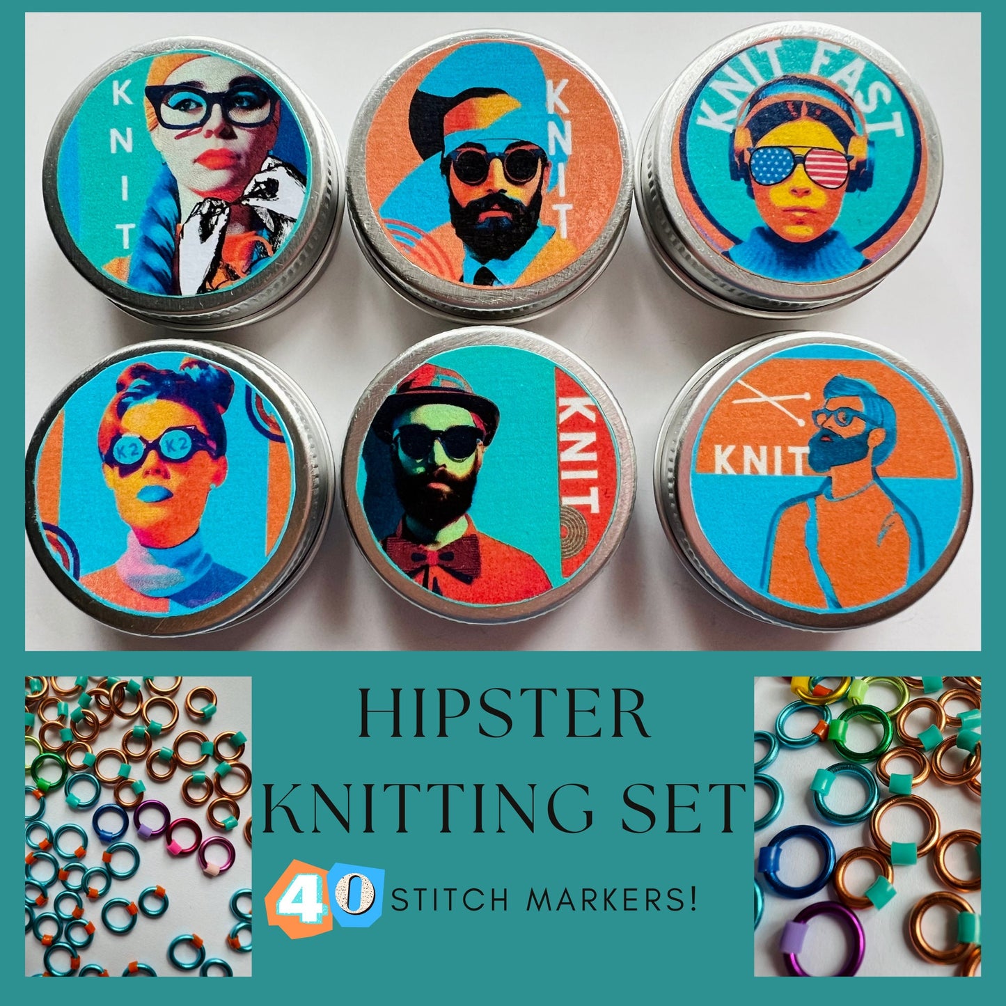 Knitting Set 40 Markers and Tin - Hipster Teal